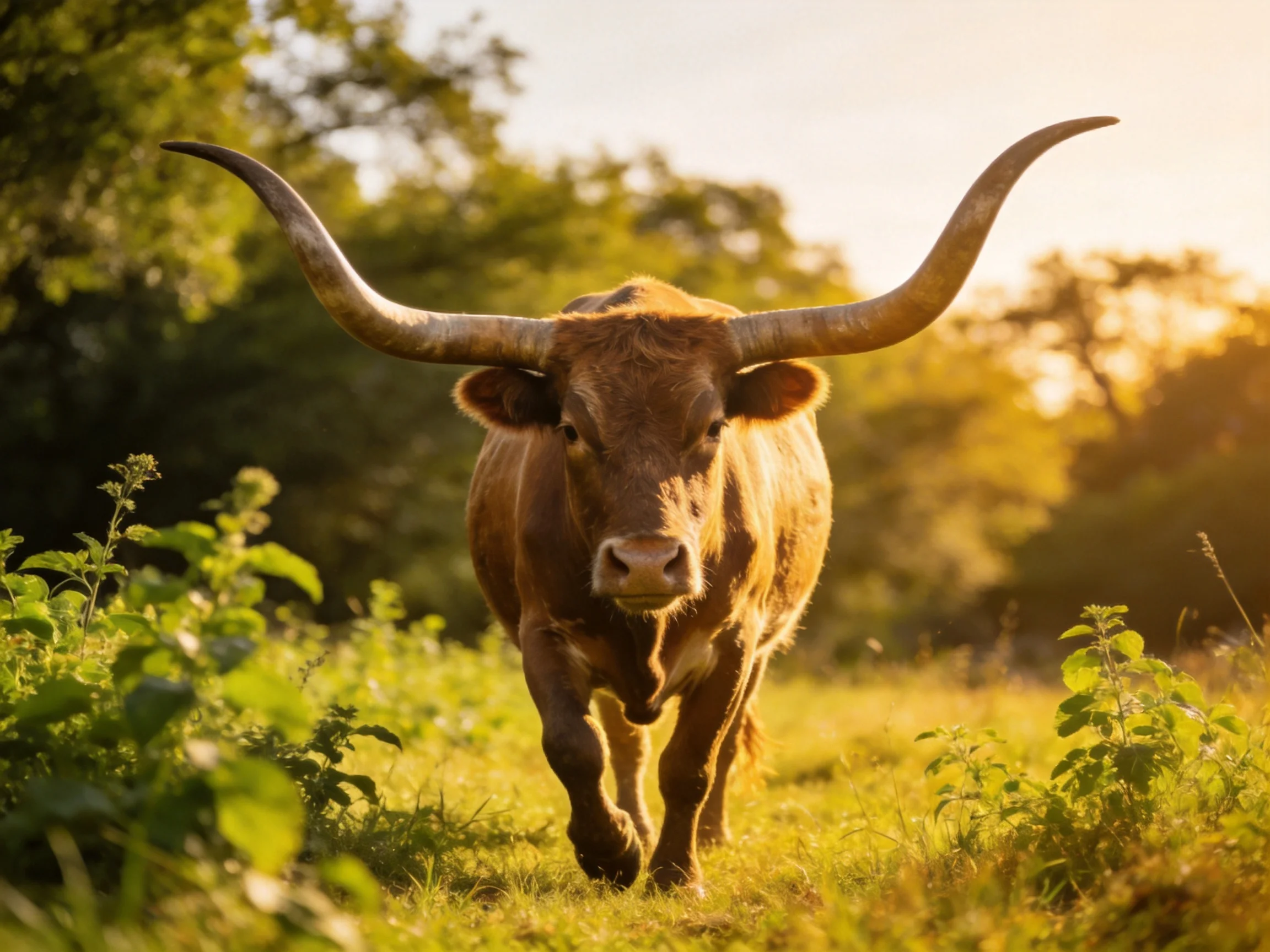 A majestic brown longhorn cow walking through golden grassland