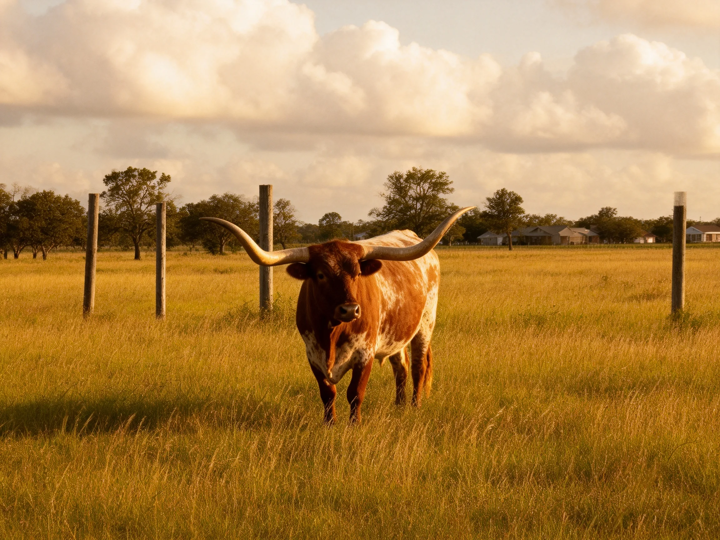 A longhorn stands in a sunlit field of tall grass near wooden posts.