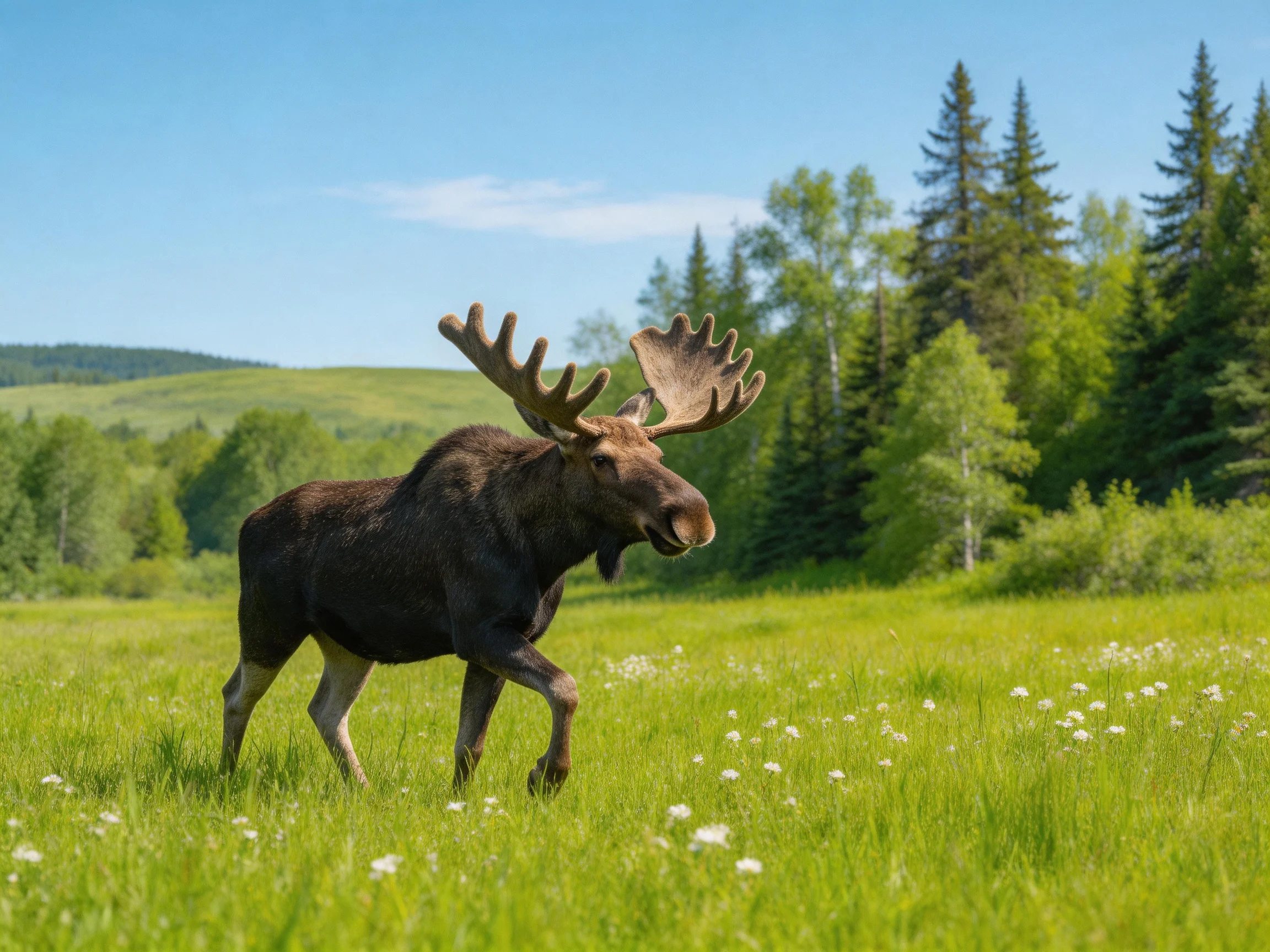 A majestic moose with large antlers walking through a lush green meadow