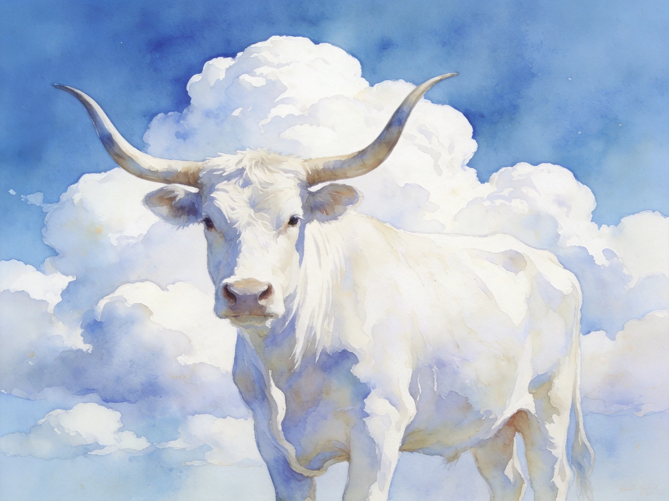 A majestic white bull with long curved horns amid fluffy blue clouds