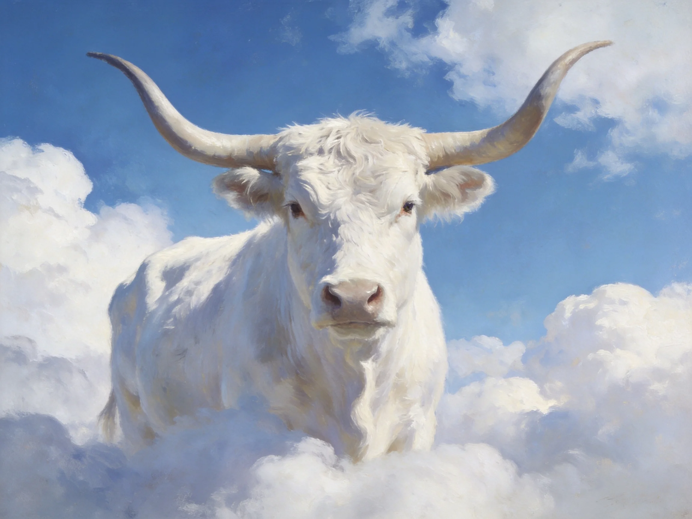A majestic white bull with long curved horns amid fluffy clouds and clear blue sky