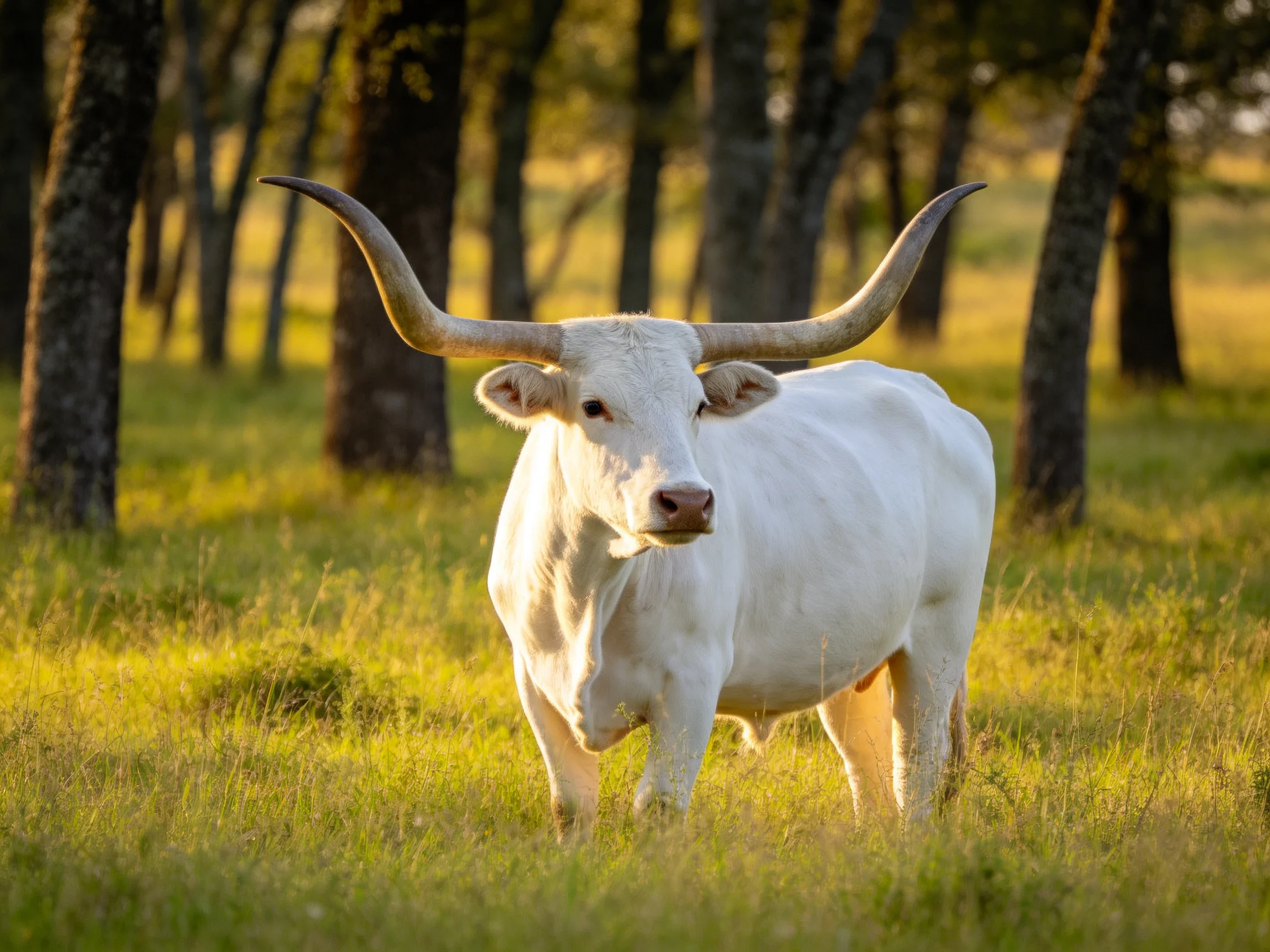 A majestic white longhorn cow in a sunlit forest clearing