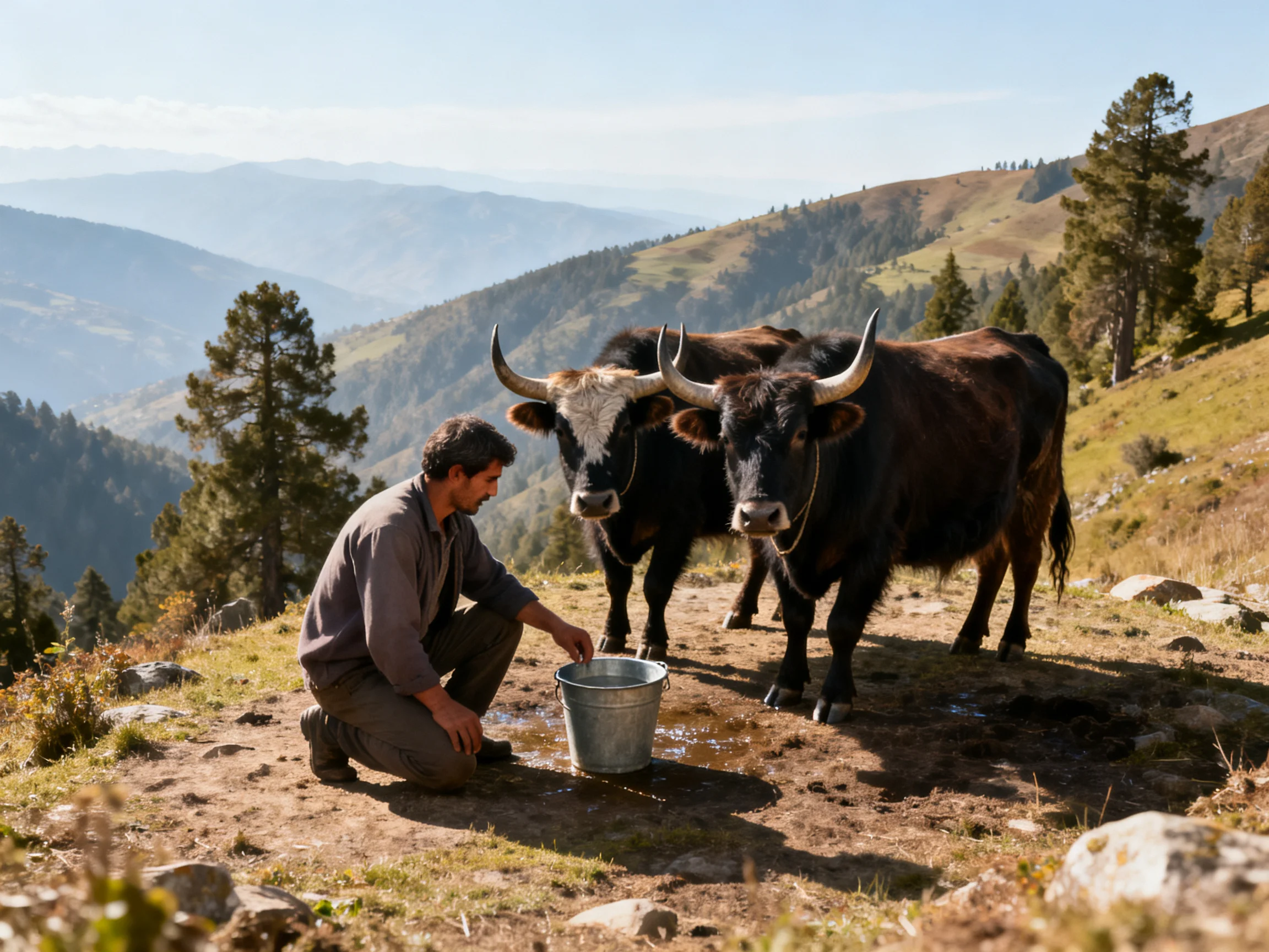 A man caring for two horned cattle with a metal bucket in mountainous countryside