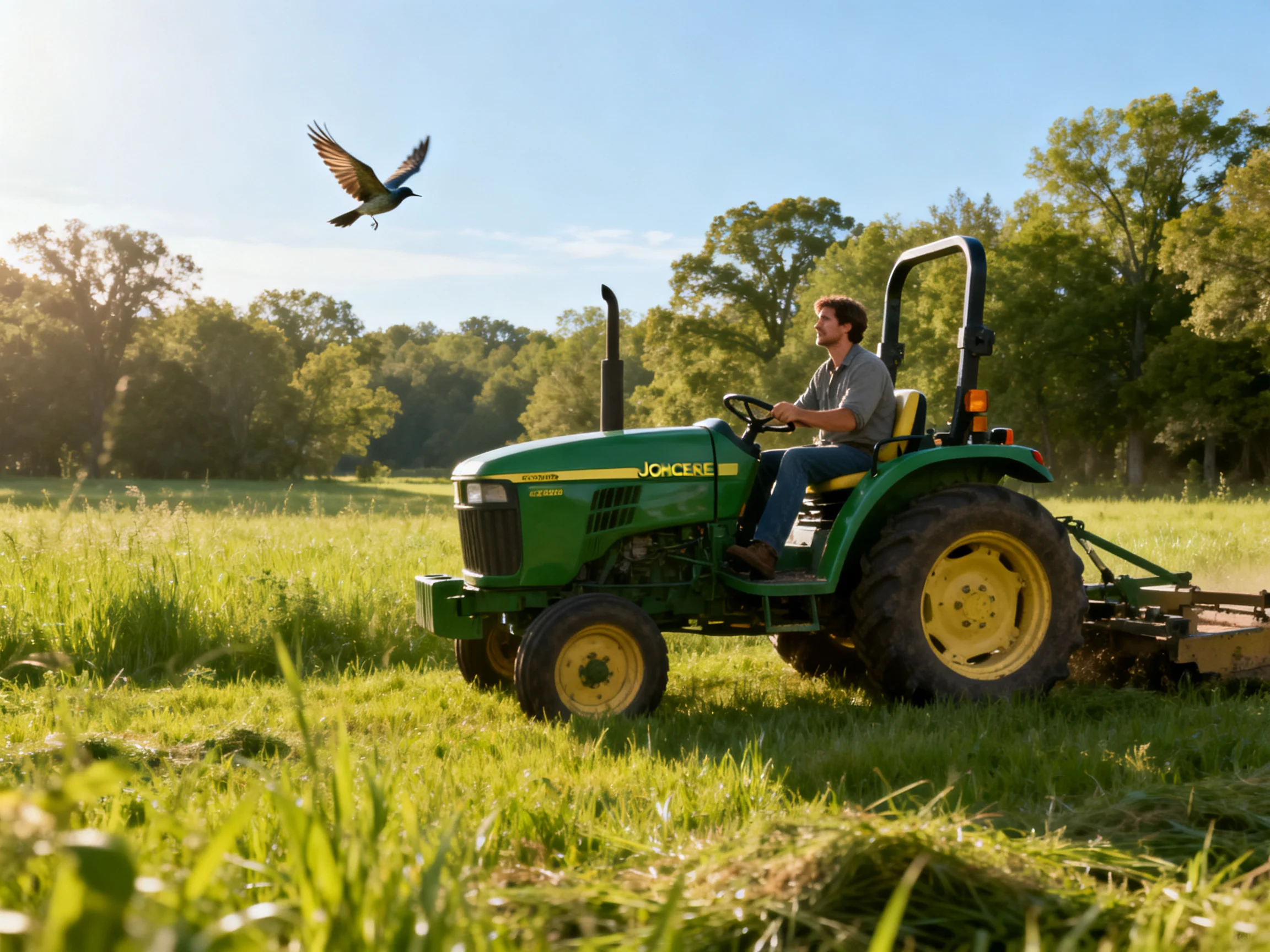 A man drives a green John Deere tractor in a sunlit rural field with a bird flying