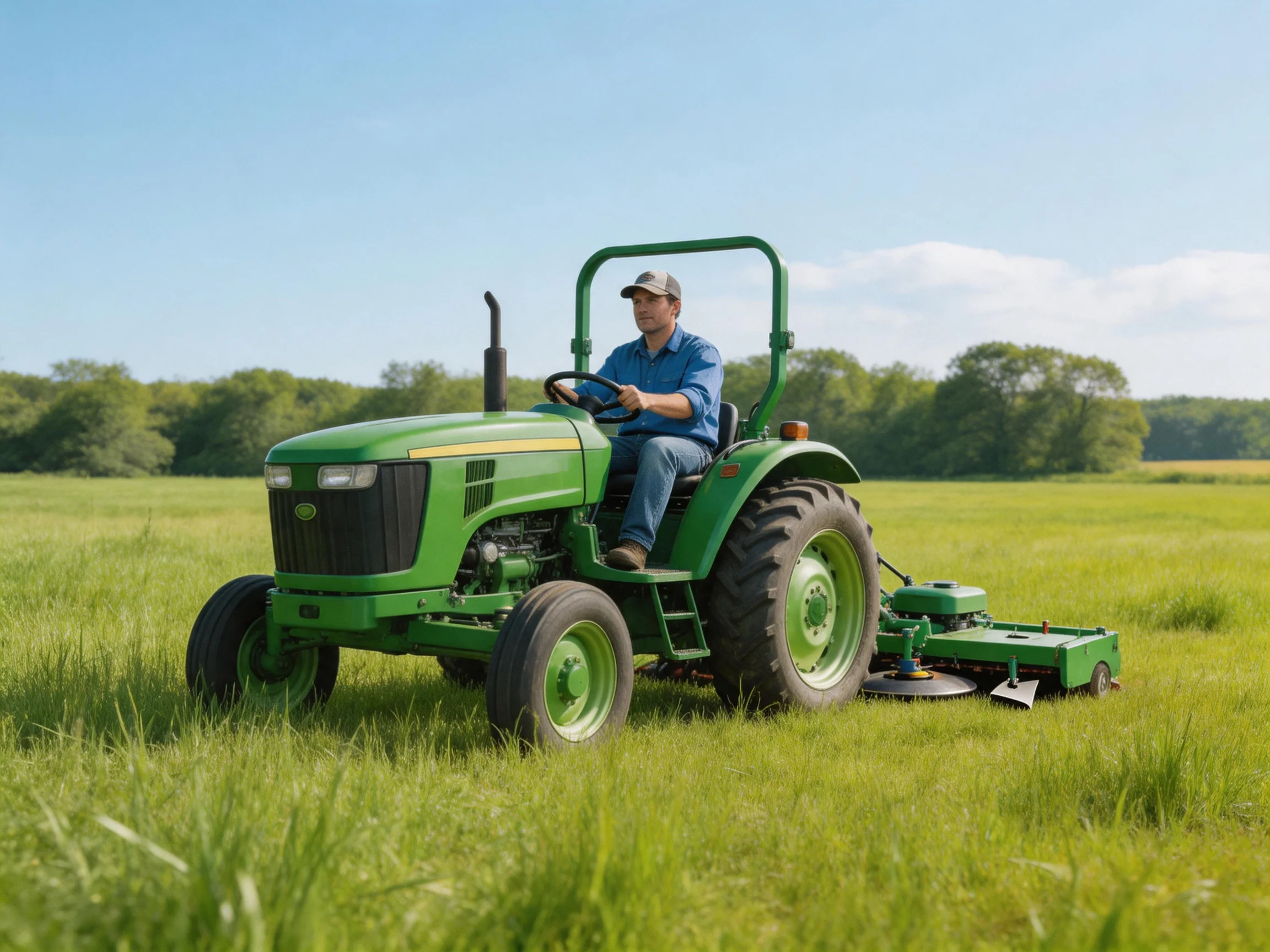 A man driving a green tractor mowing a lush grassy field