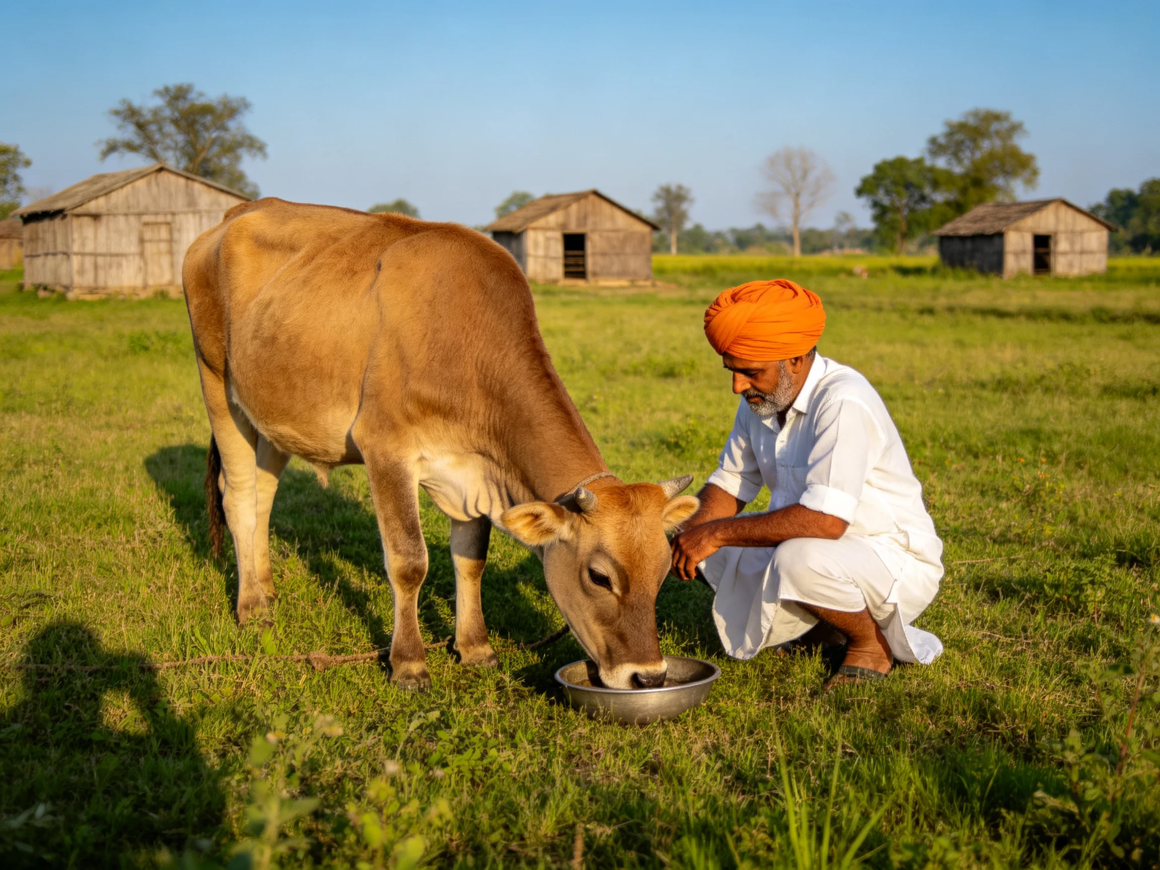 A man feeding a brown cow near rustic wooden huts in a green field