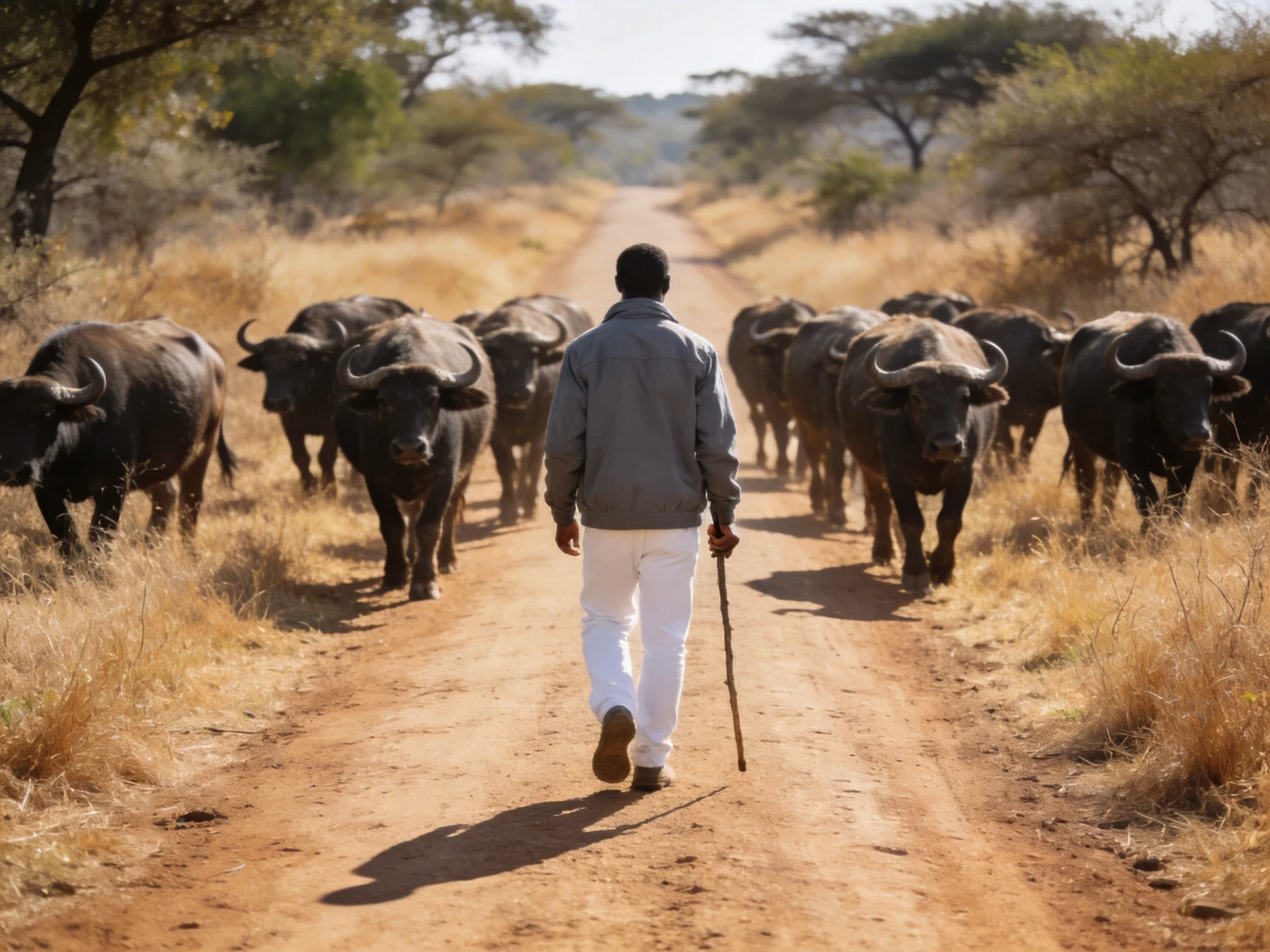A man guiding a buffalo herd along a dusty savannah path
