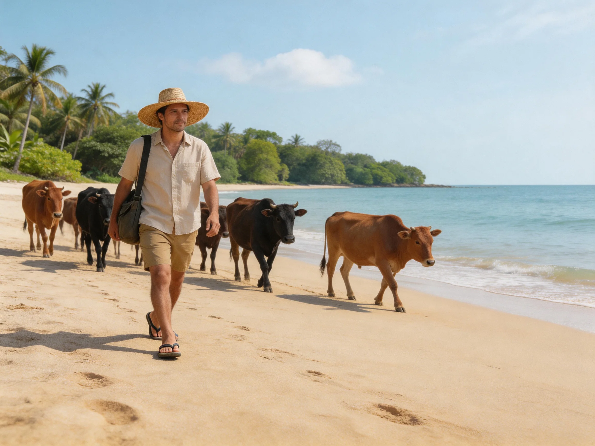 A man herding brown and black cattle along a sandy shoreline