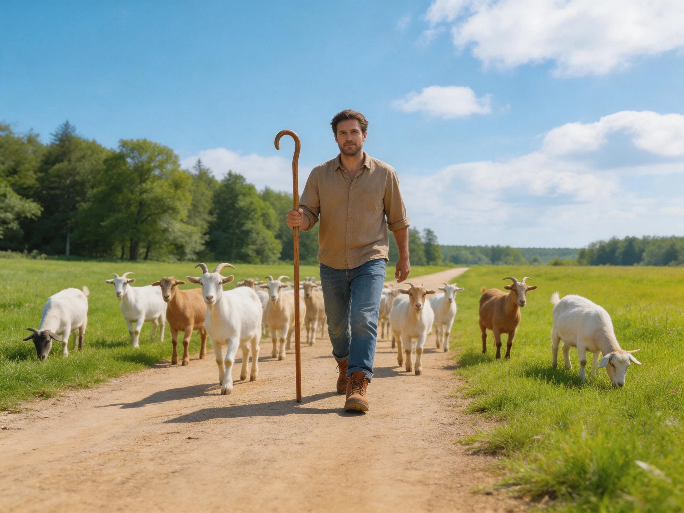 A man herding goats along a sunlit dirt path