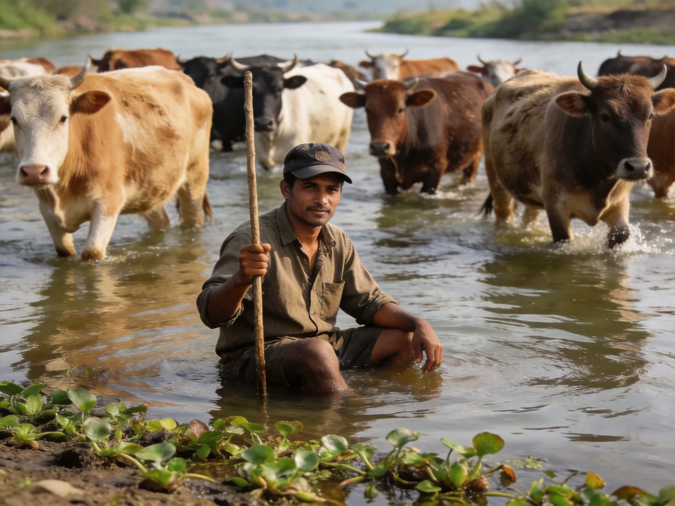 A man herding multicolored cattle through shallow river waters