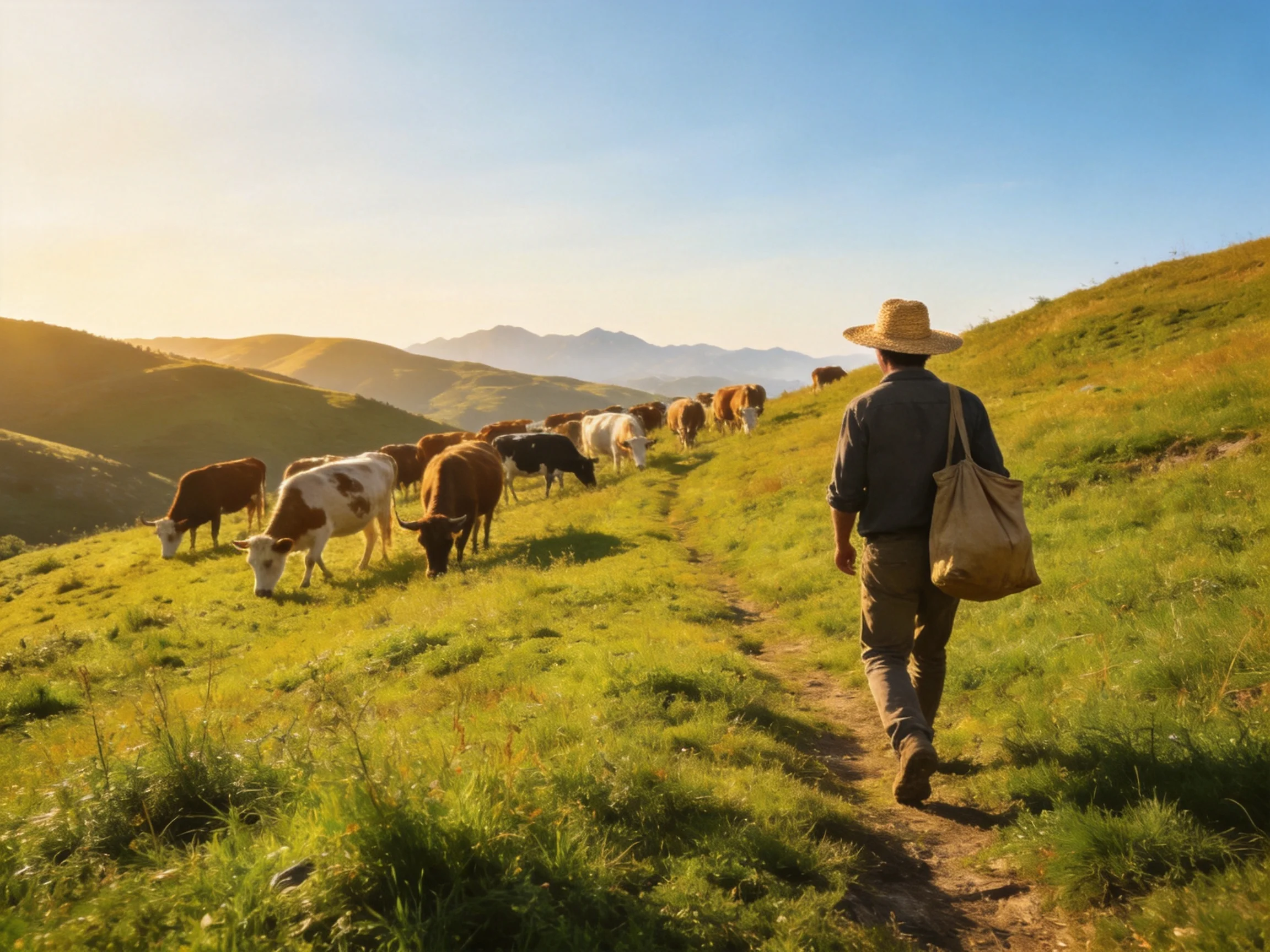 A man herds multicolored cattle along sunlit grassy hills