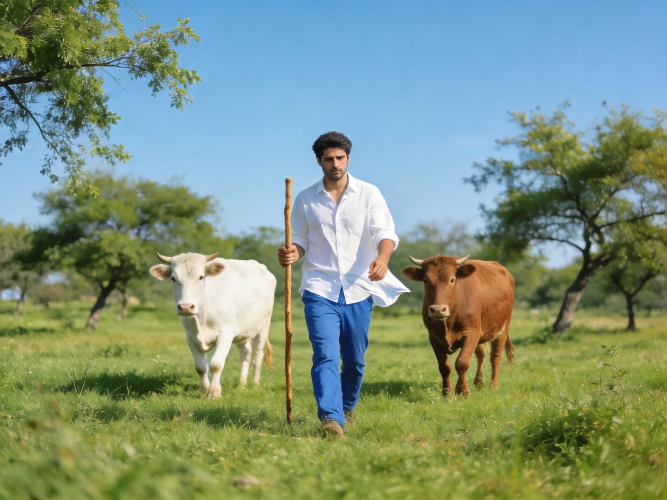 A man herds two cows—one white, one brown—in a sunny green pasture