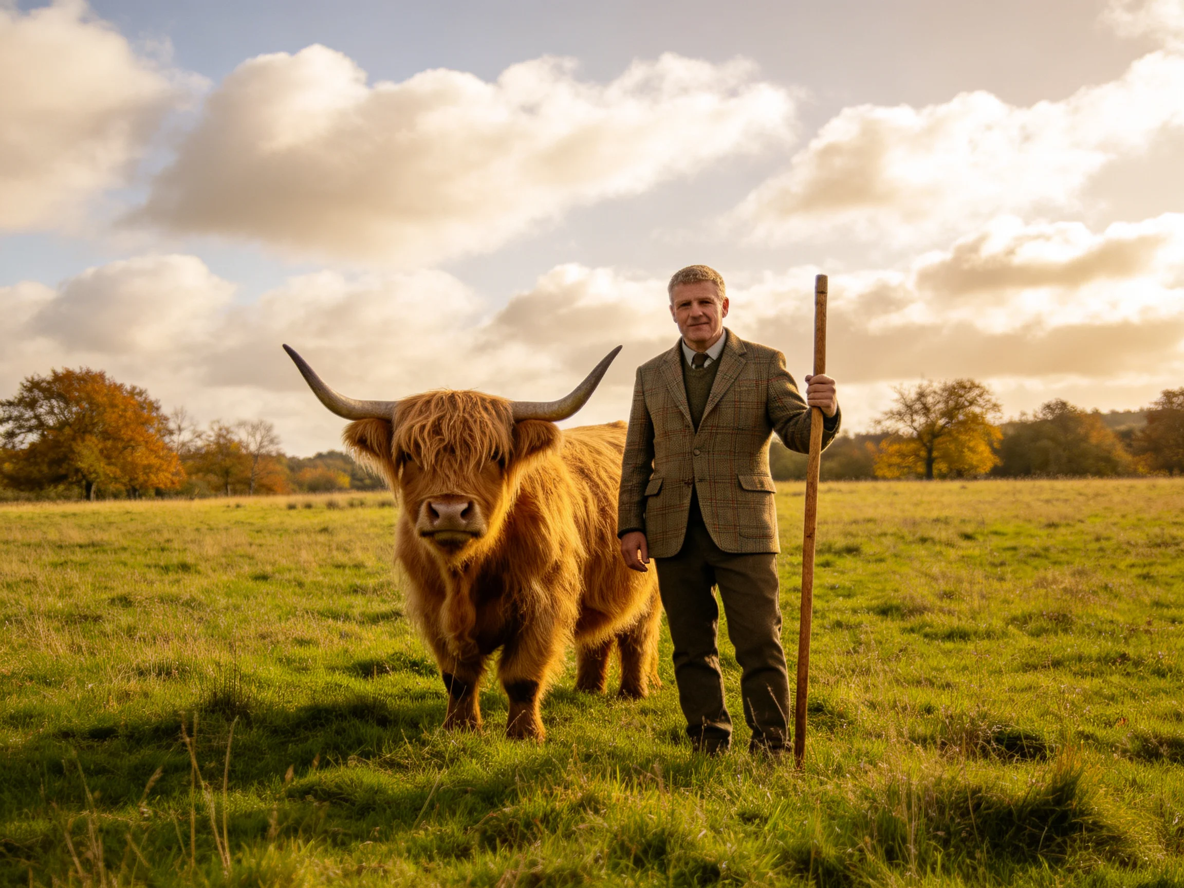 A man in a brown suit stands beside a large Highland cow in a green meadow