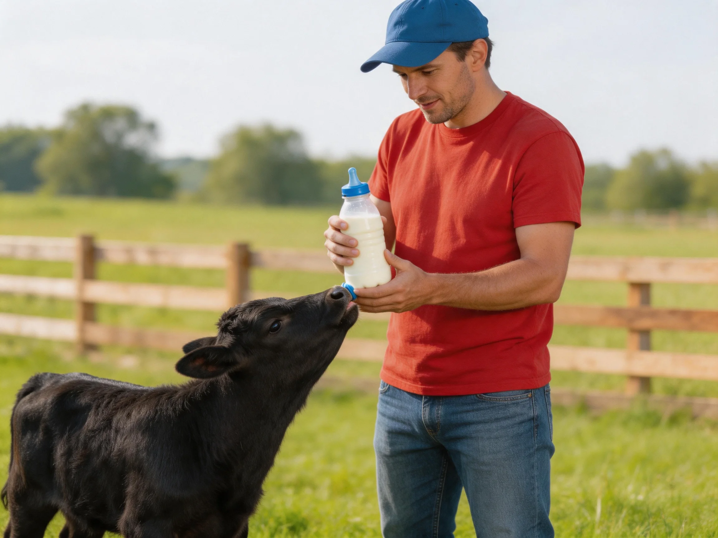 A man in a red shirt feeds a black calf with a milk bottle on a farm