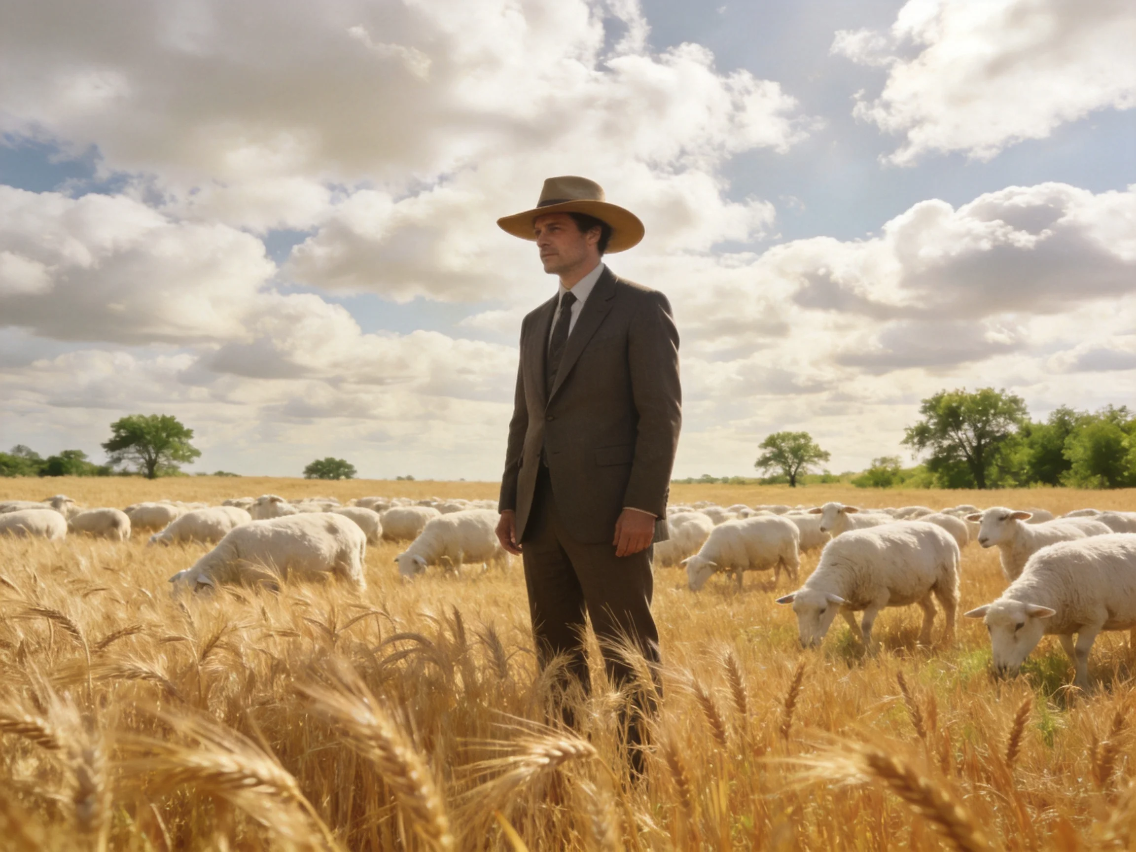 A man in a suit stands among sheep in a golden wheat field