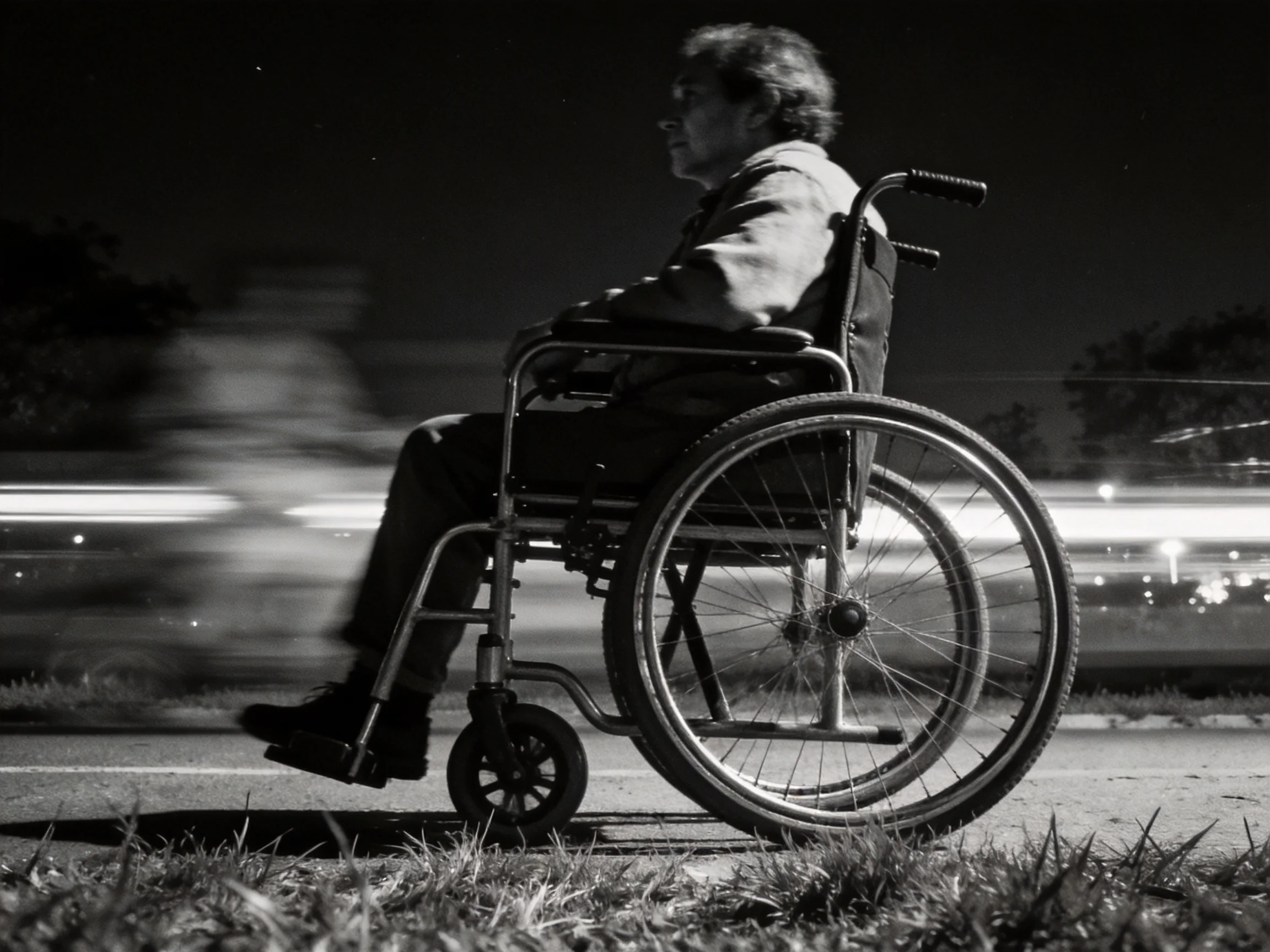 A man in a wheelchair rides near blurred car lights at night