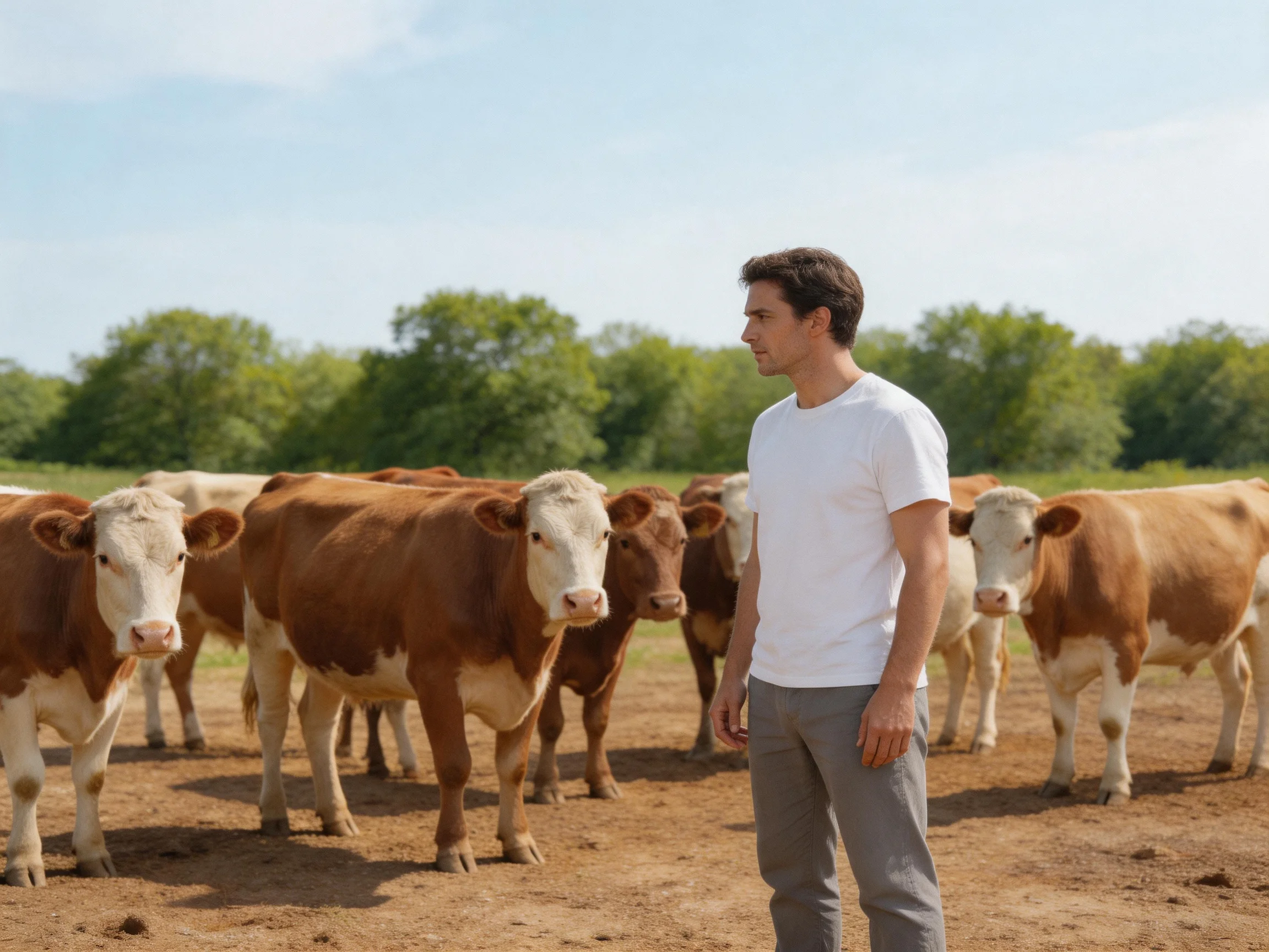 A man in a white t-shirt stands among brown-and-white cows in a sunny pasture