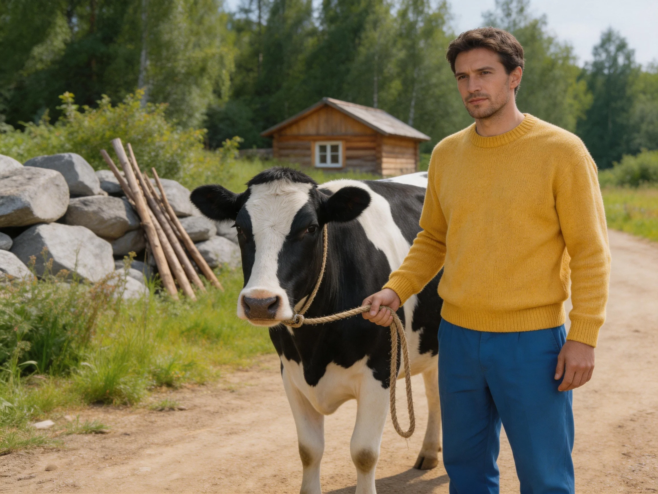 A man in a yellow sweater leads a black-and-white cow near a wooden cabin