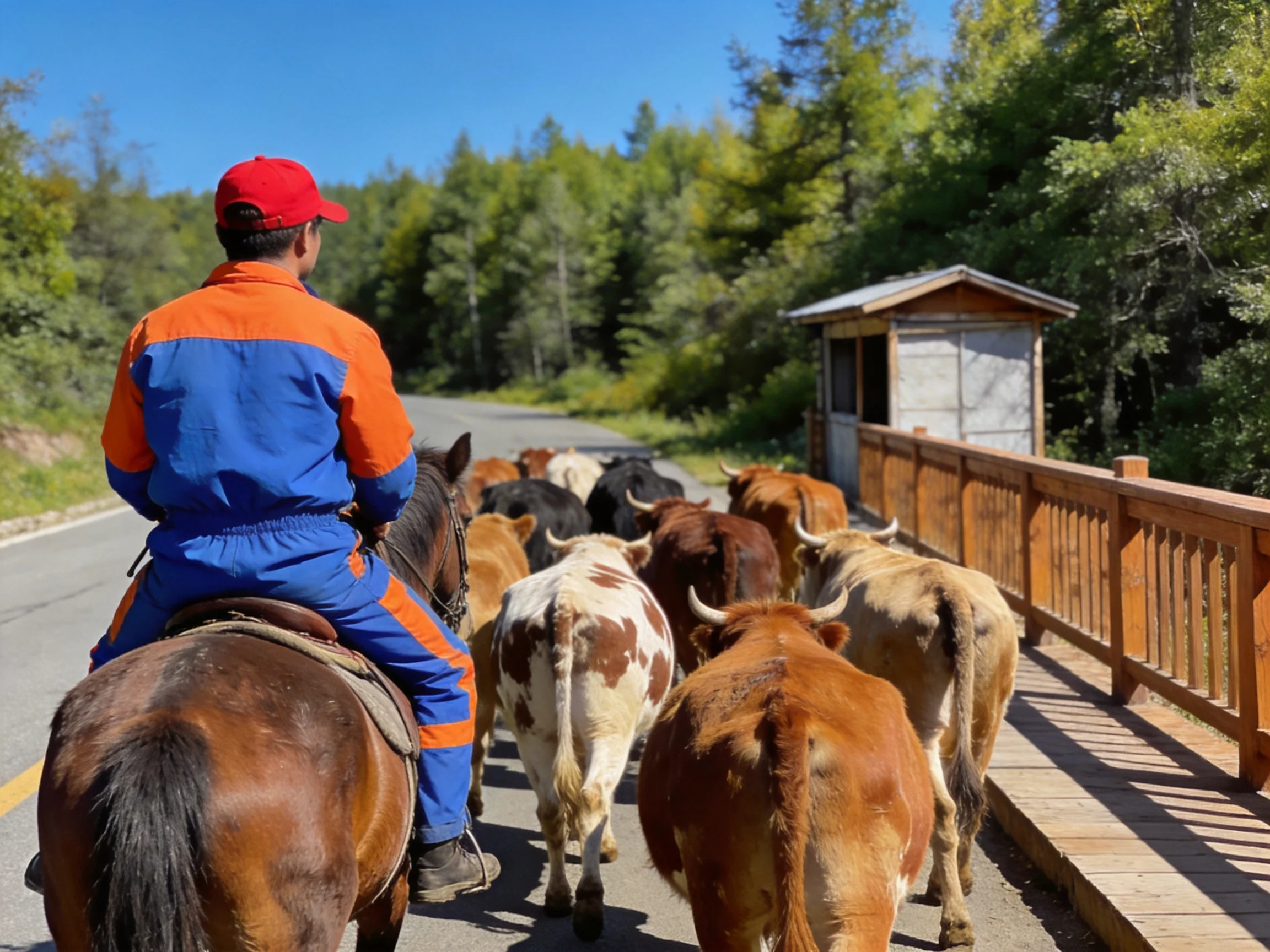 A man in blue-orange coveralls herds cattle on a wooden bridge
