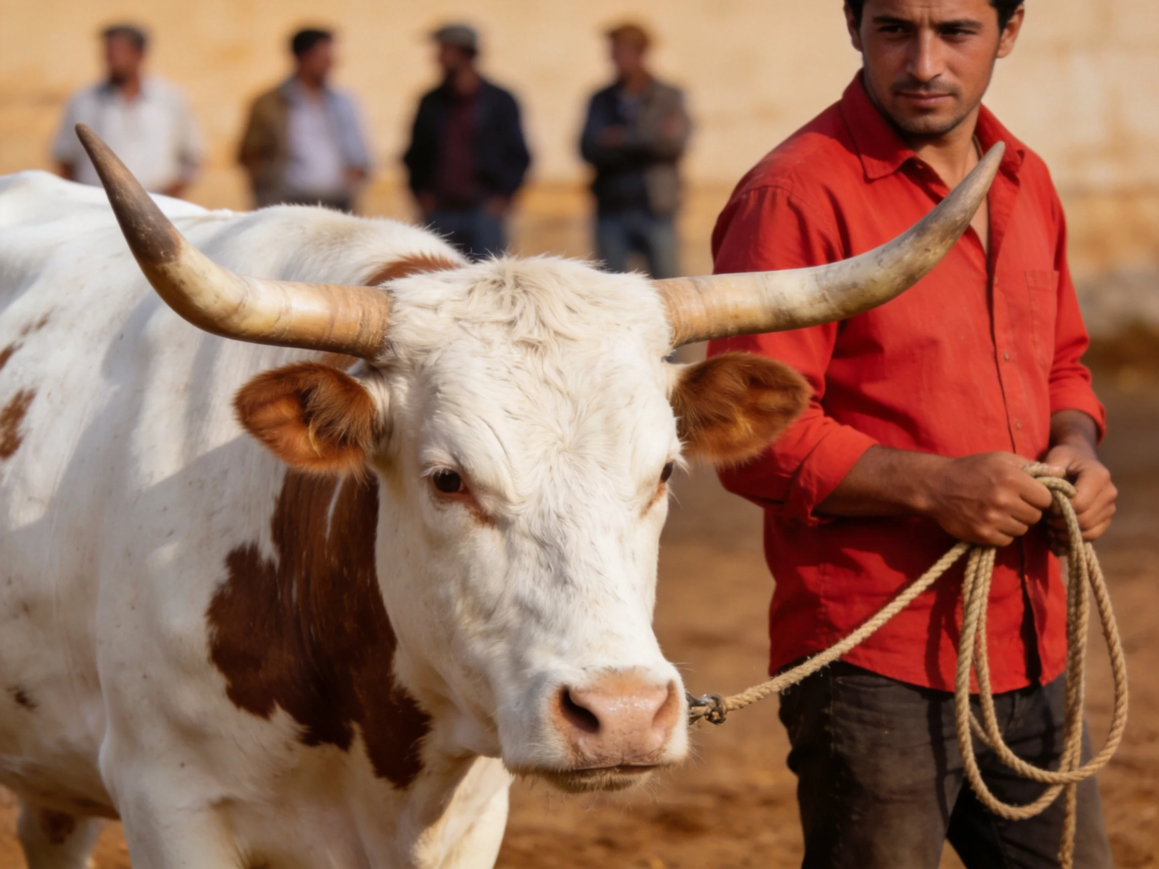 A man in red leads a large horned white-brown spotted cow with onlookers