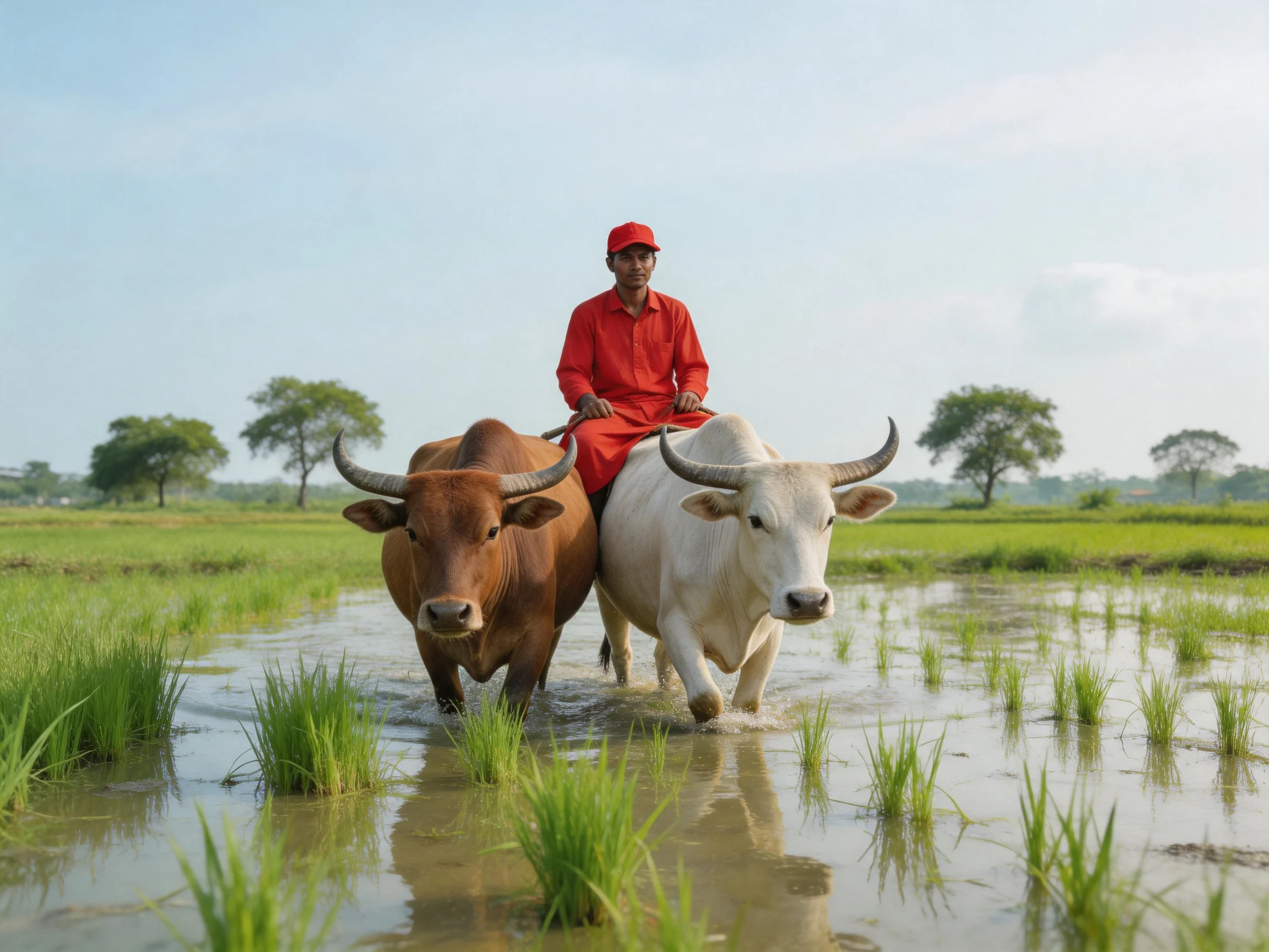 A man in red rides two cows through a flooded green field