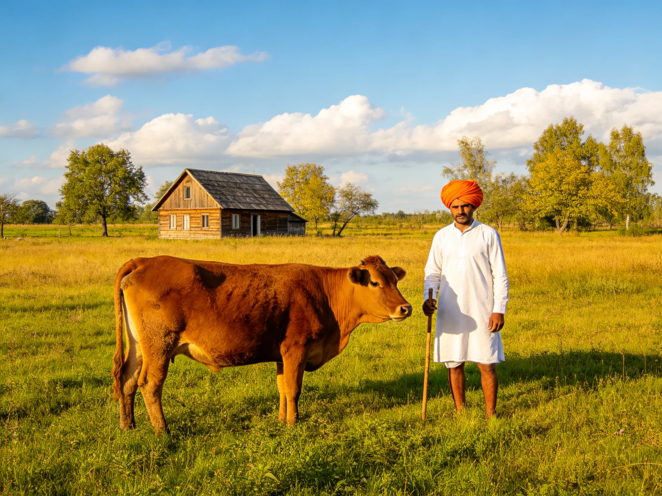 A man in white stands beside a brown cow near a rustic wooden house
