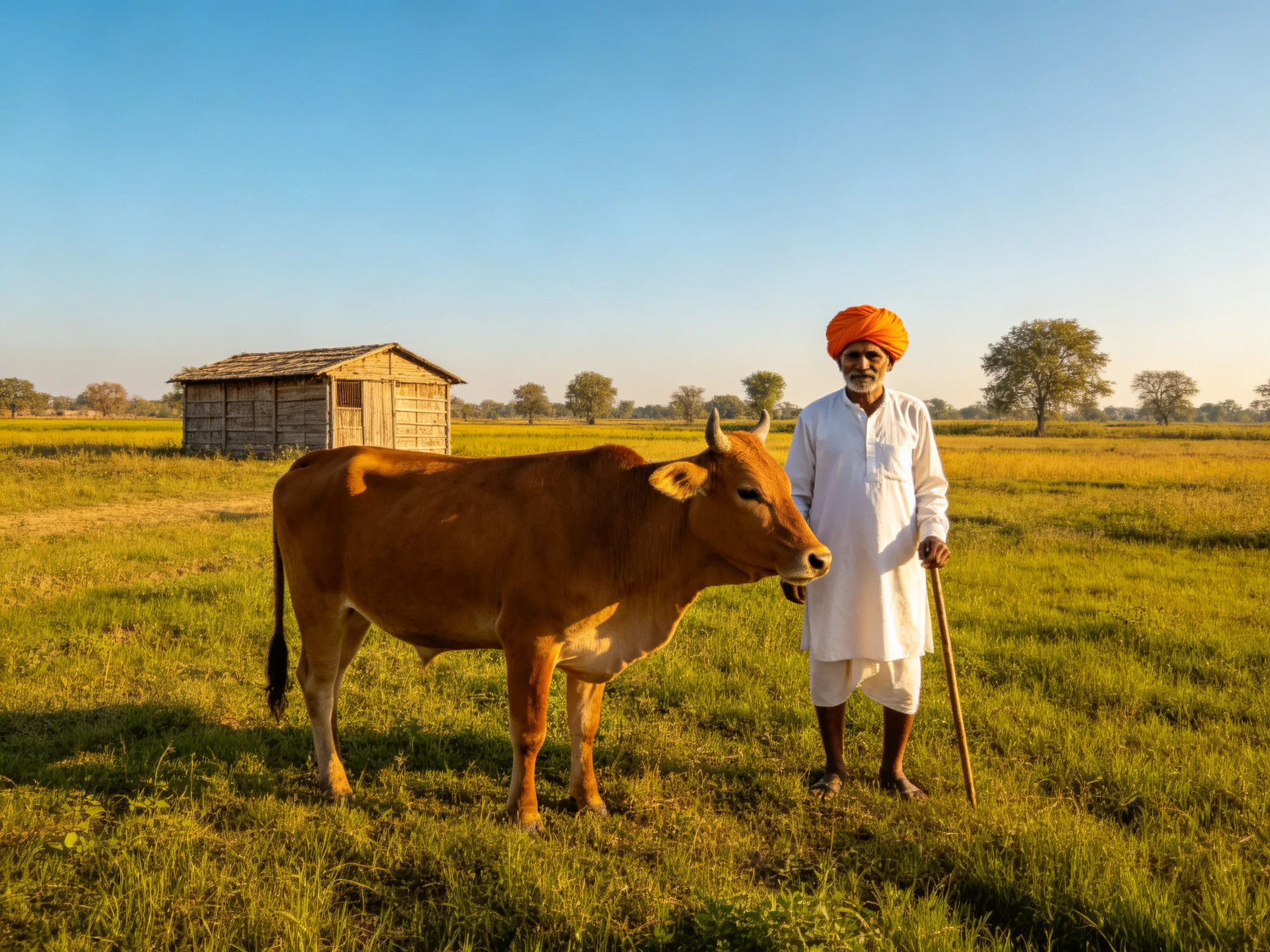 A man in white stands beside a brown cow near a wooden shed in a green field