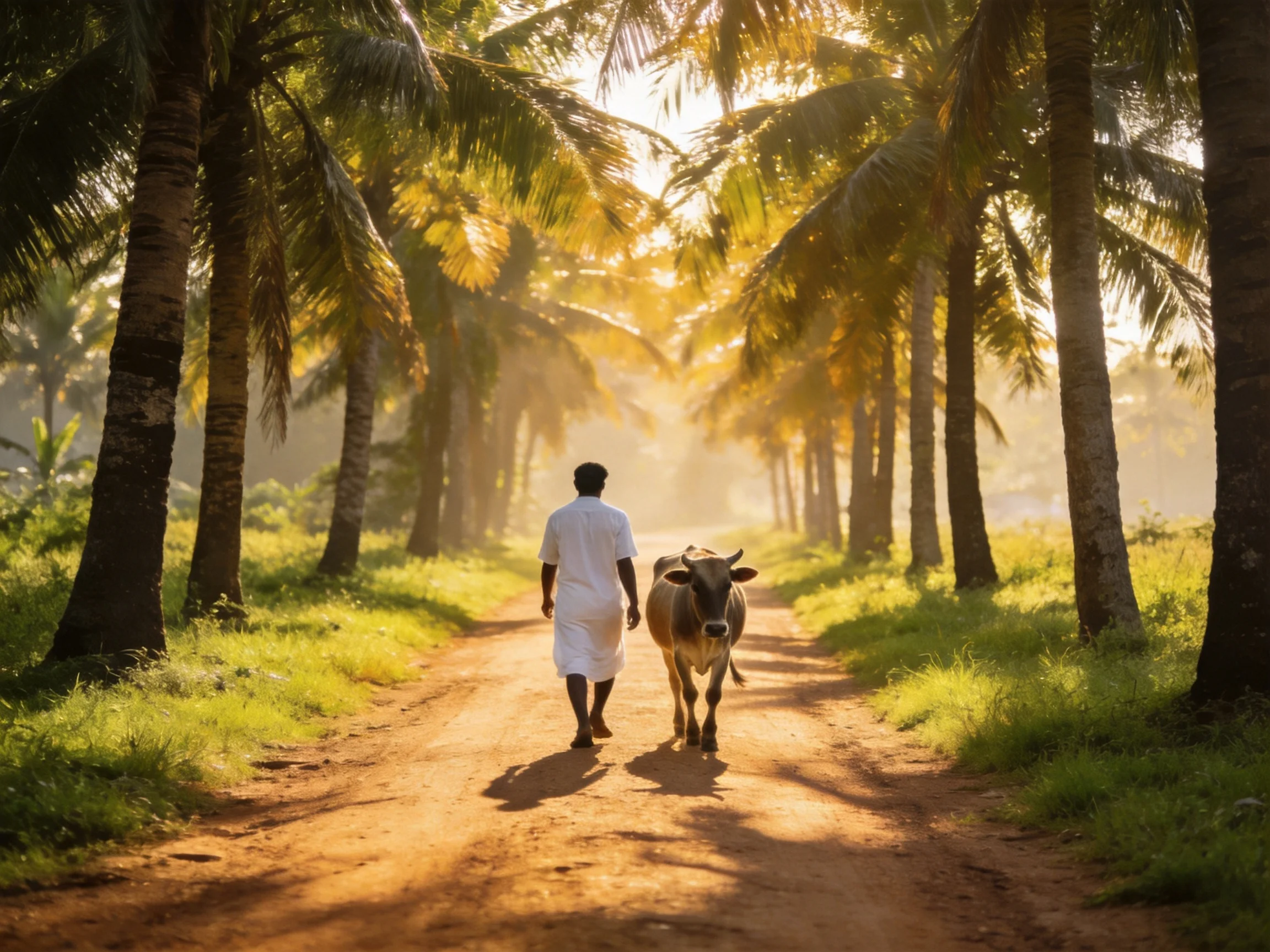 A man in white walks a brown cow down a sunlit palm - lined dirt road