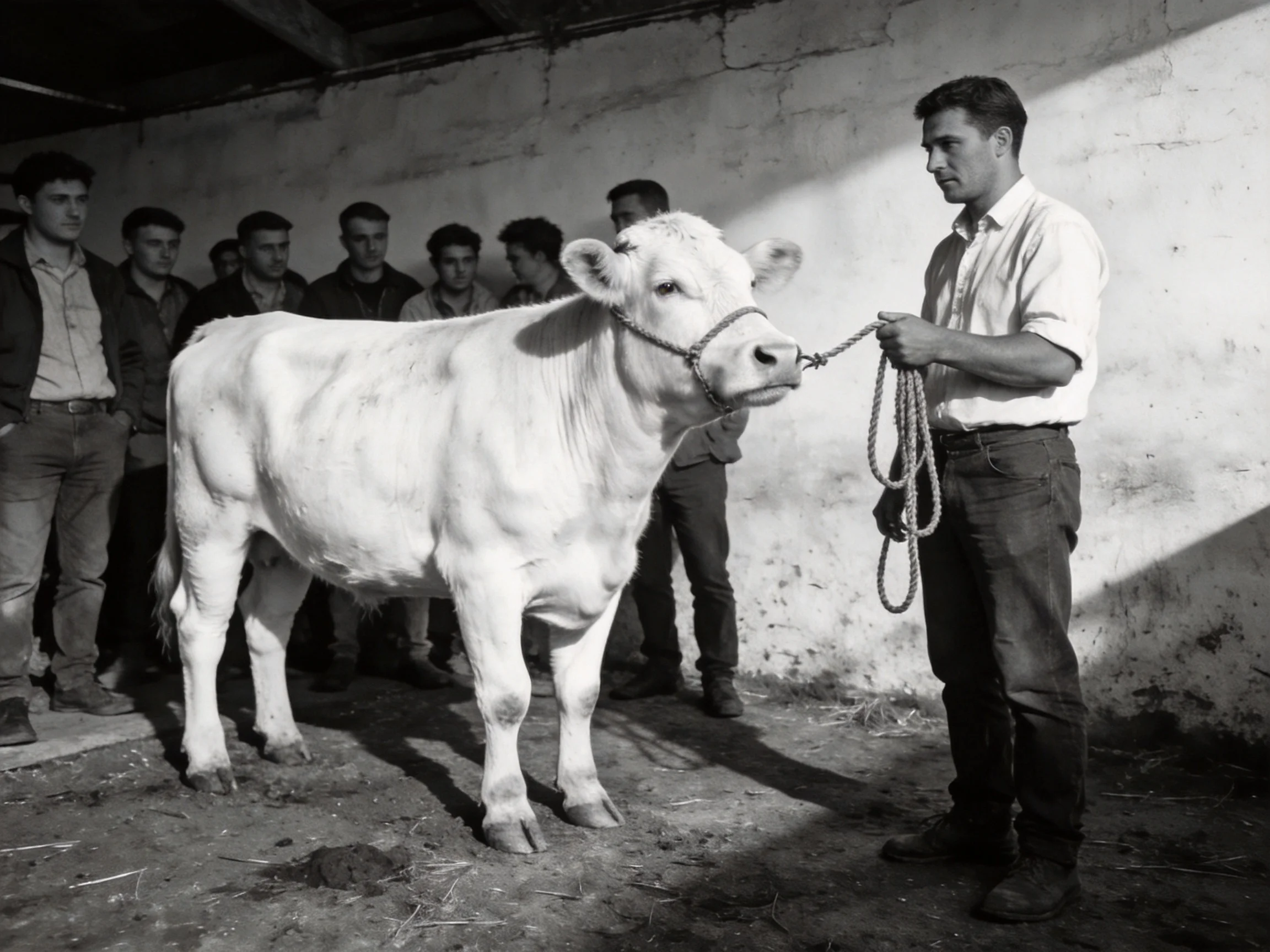 A man leading a large white cow before a group of onlookers