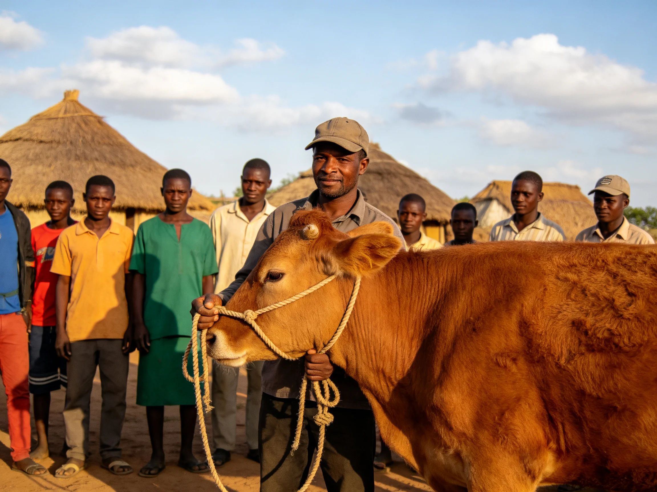 A man leads a brown cow near straw huts with onlookers