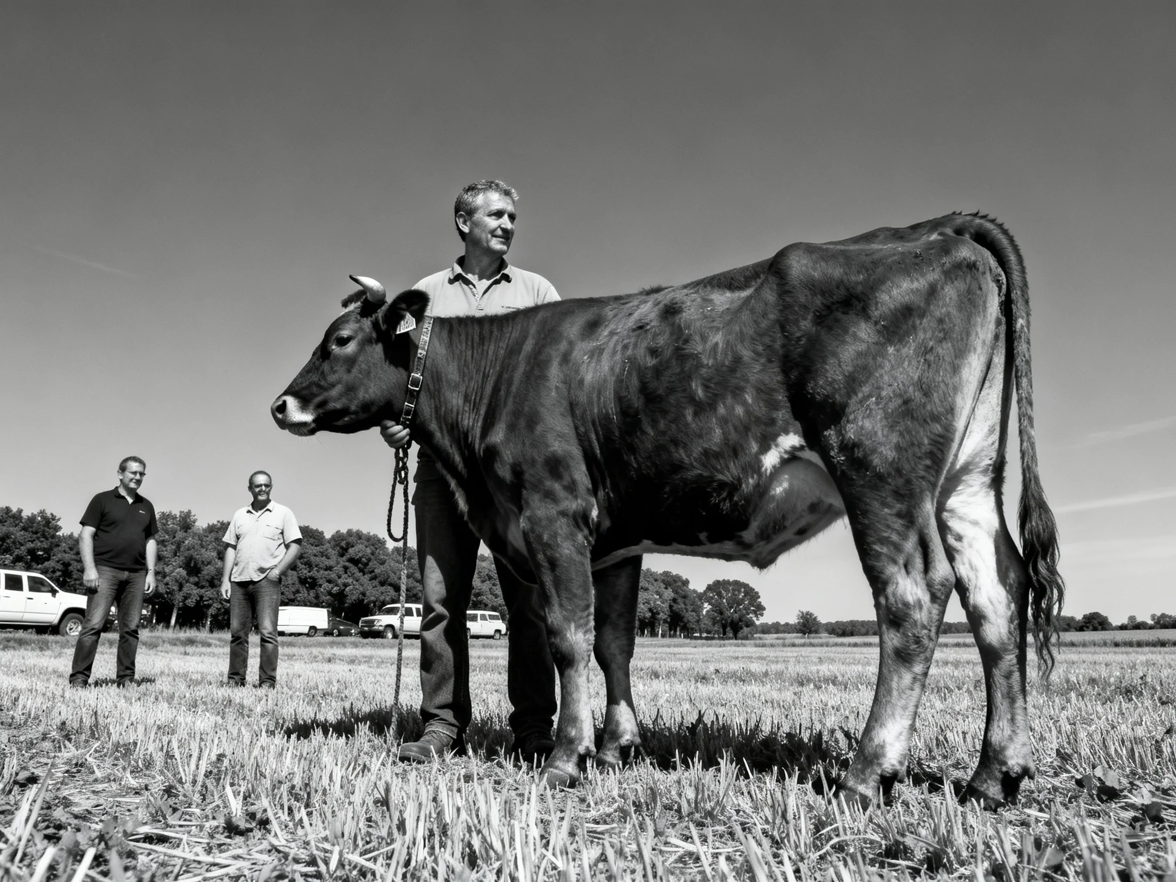 A man leads a large spotted cow near two observers in an open field