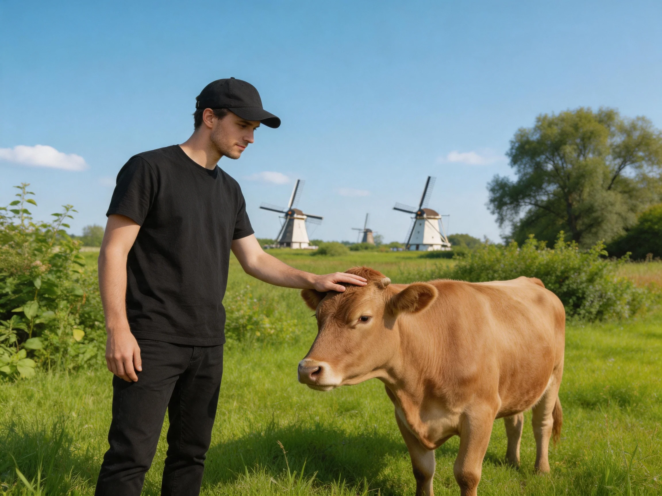 A man pets a brown calf near historic windmills in a lush green meadow