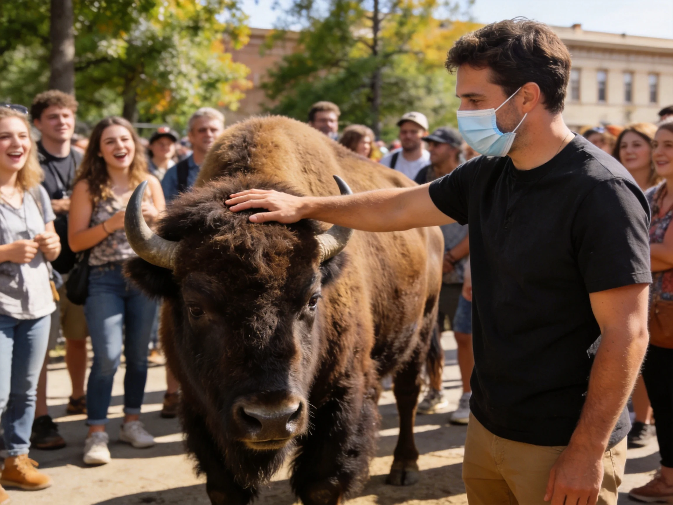 A man pets a large brown bison near an outdoor gathering