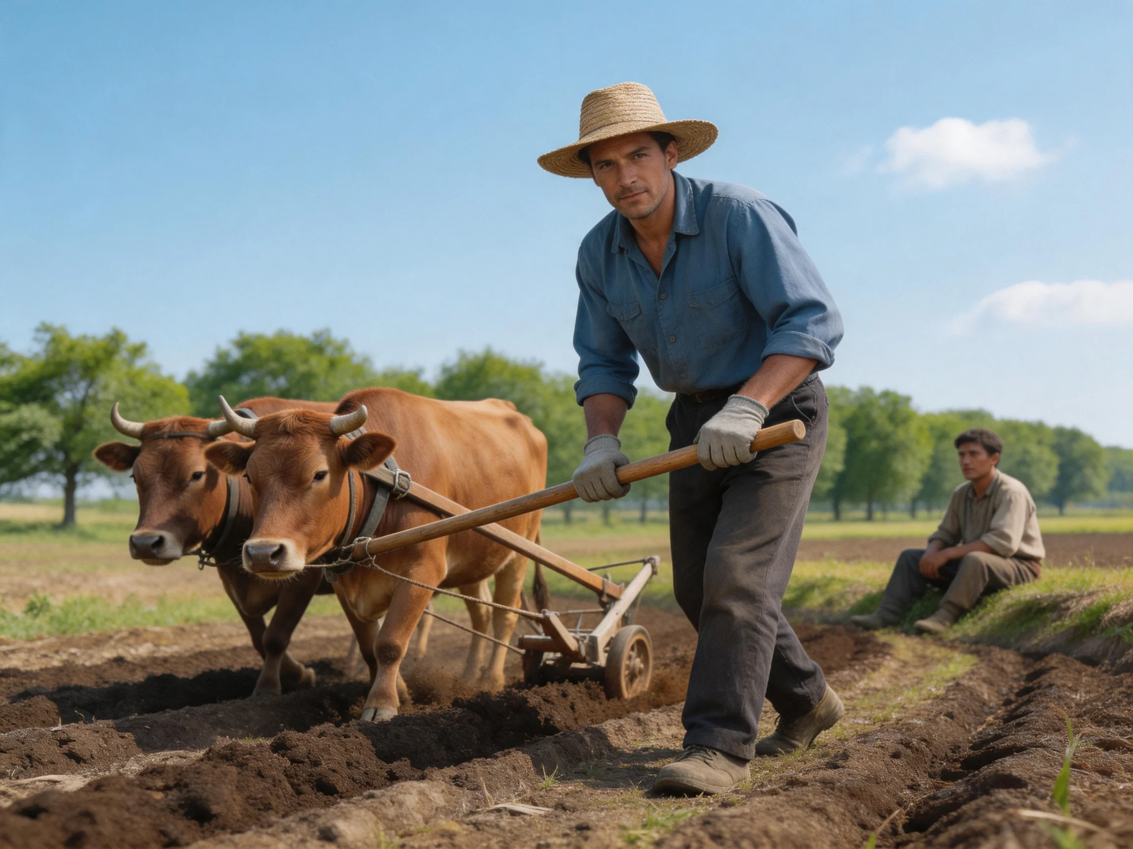 A man plowing a field with two brown cows and a seated companion