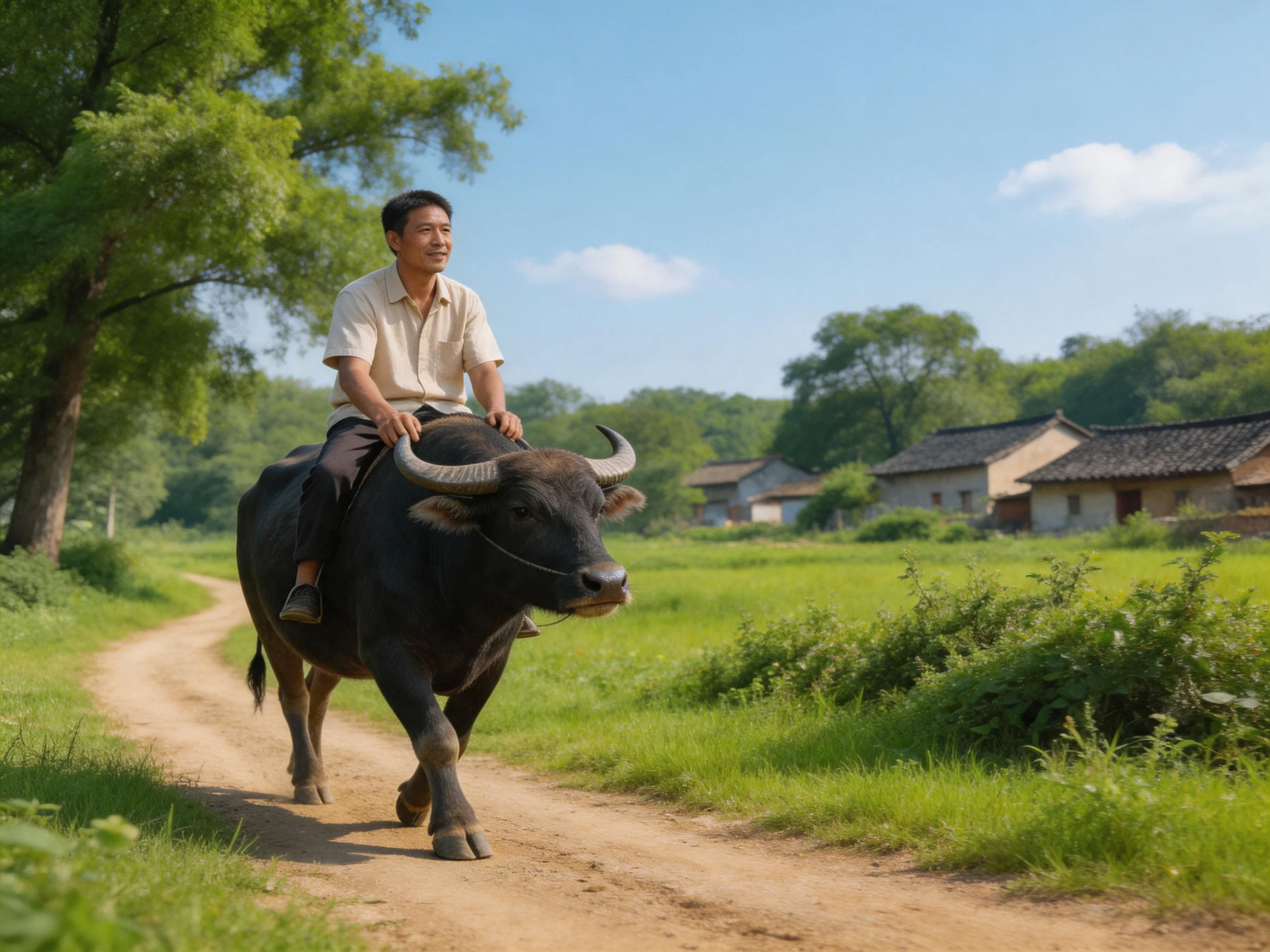 A man rides a large black buffalo along a dirt path near rural homes