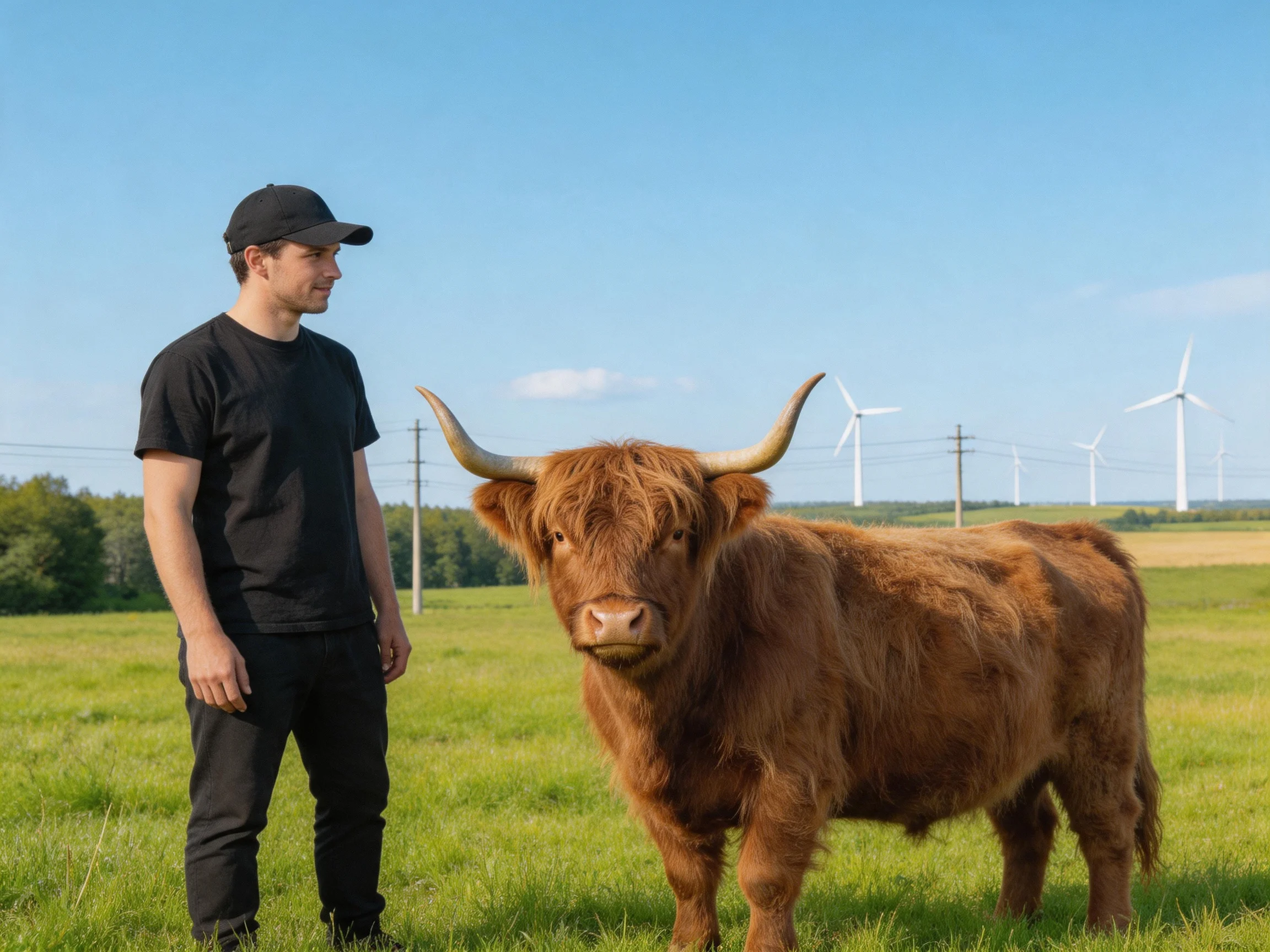 A man stands beside a brown Highland cow in a green meadow with wind turbines