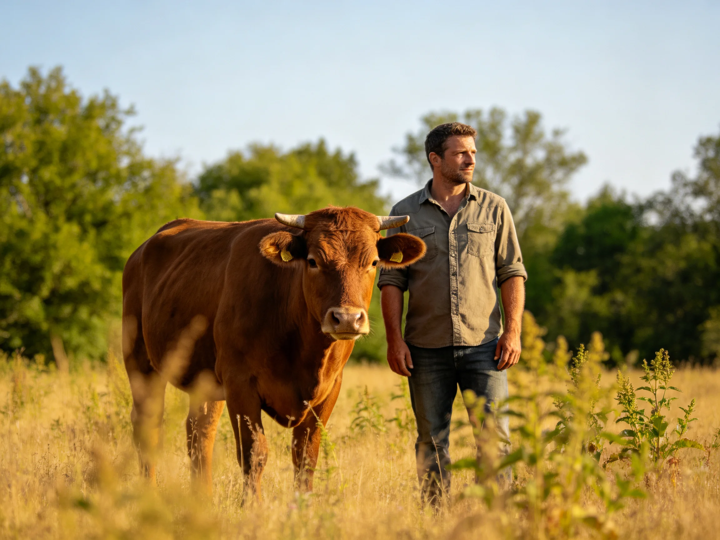 A man stands beside a brown cow in a sunlit open field