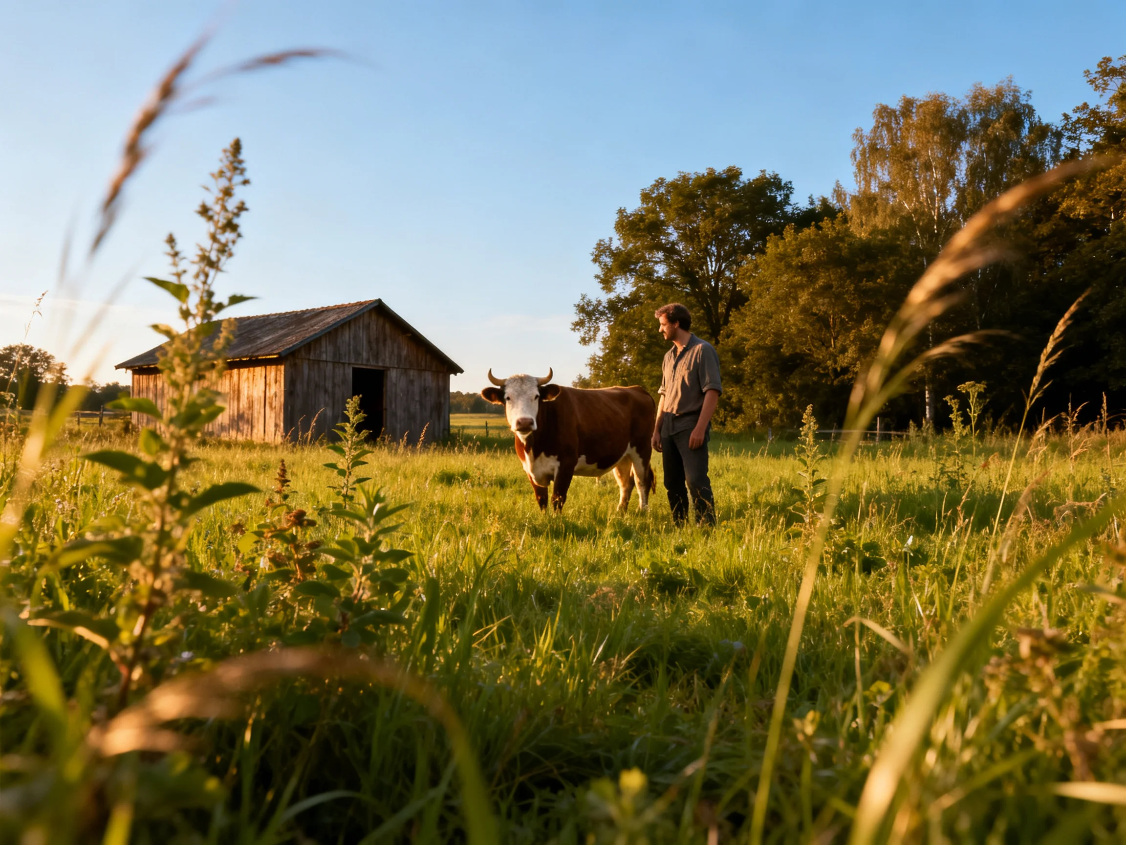 A man stands beside a brown cow near an old wooden barn in a sunlit field.