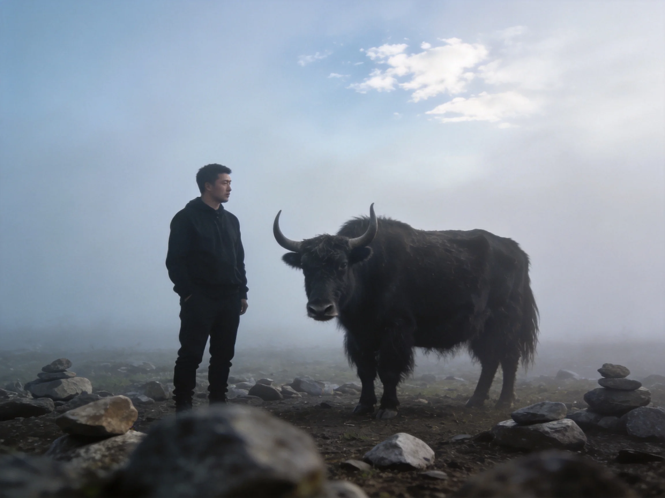 A man stands beside a large black yak in a misty rocky landscape