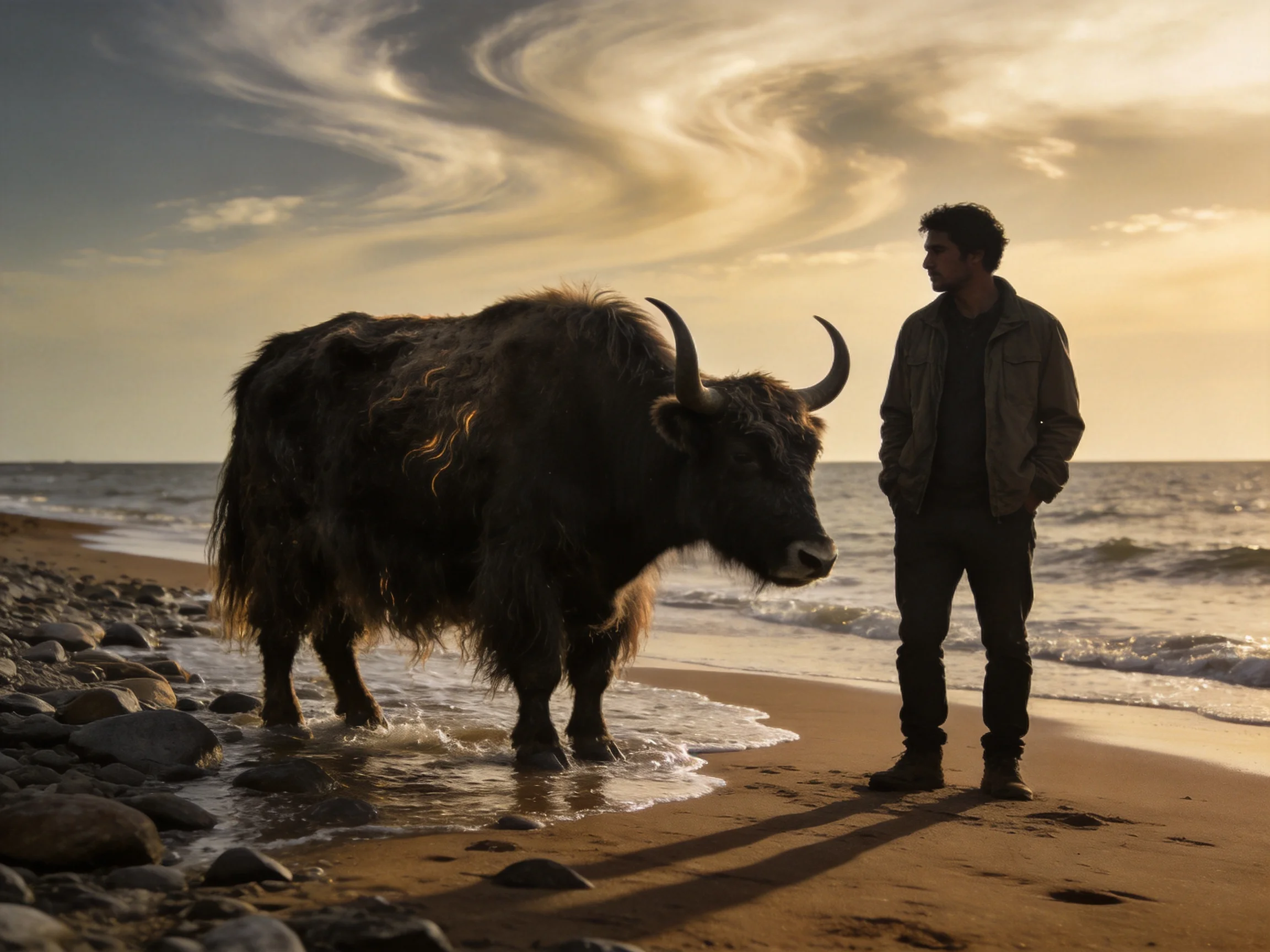 A man stands beside a large horned animal on a rocky sandy beach at sunset