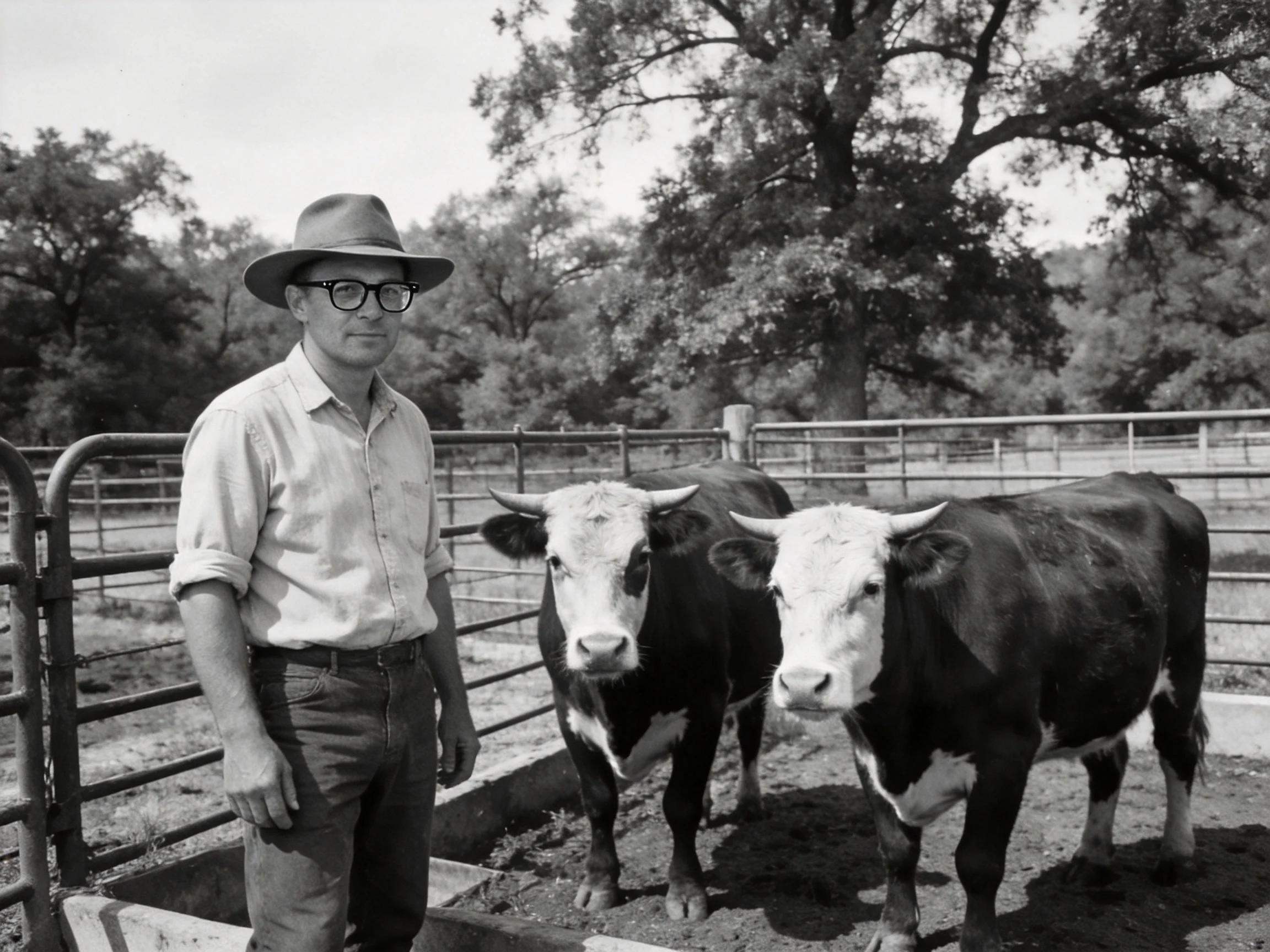 A man stands beside two cows in a fenced farm area