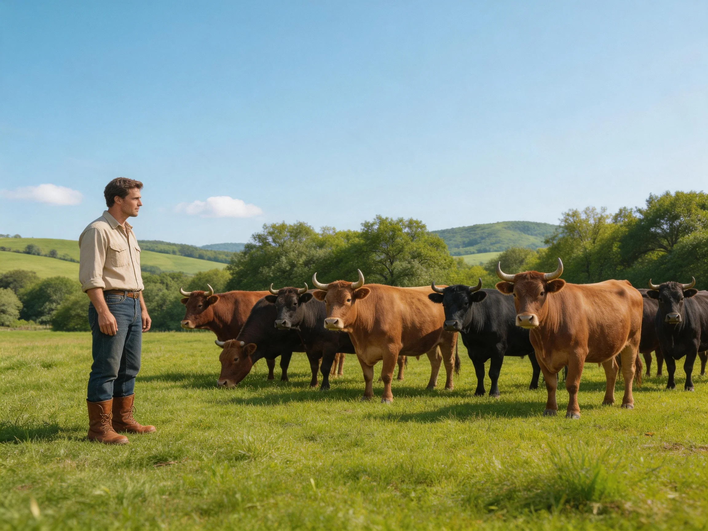 A man stands near a group of brown and black cattle in a sunny pasture