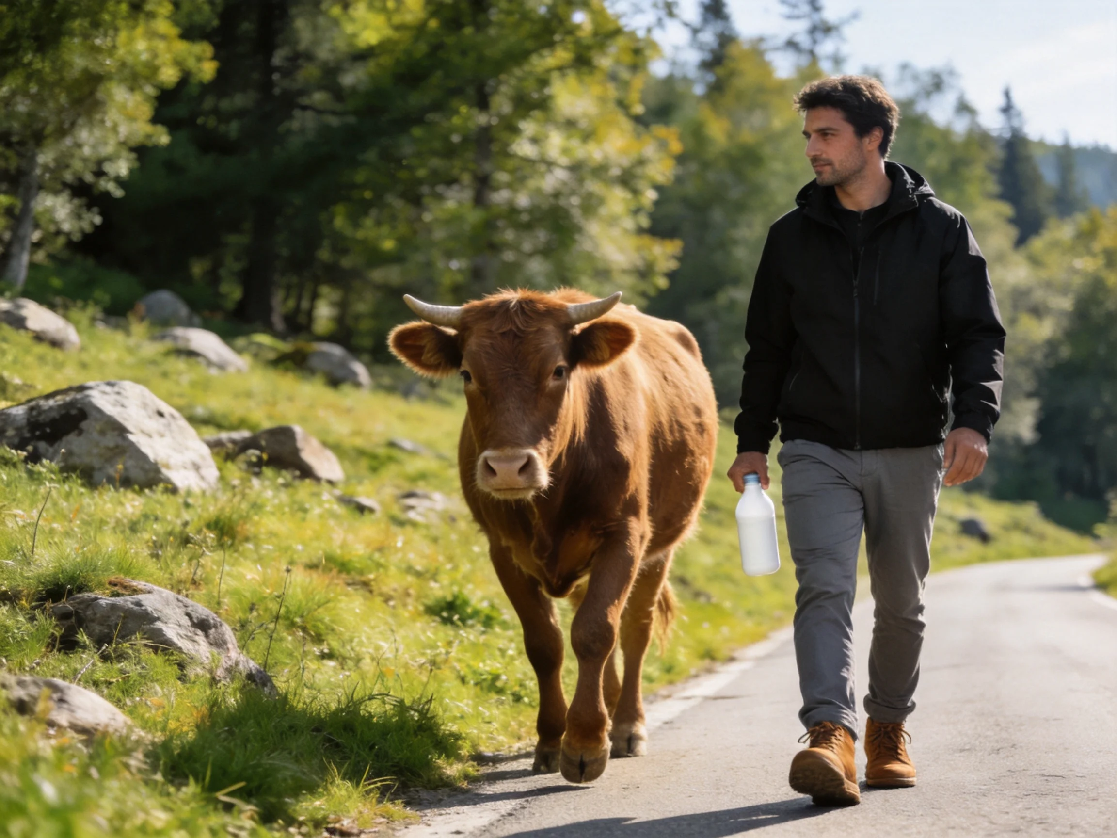 A man walks a brown cow along a sunlit forest path with a bottle