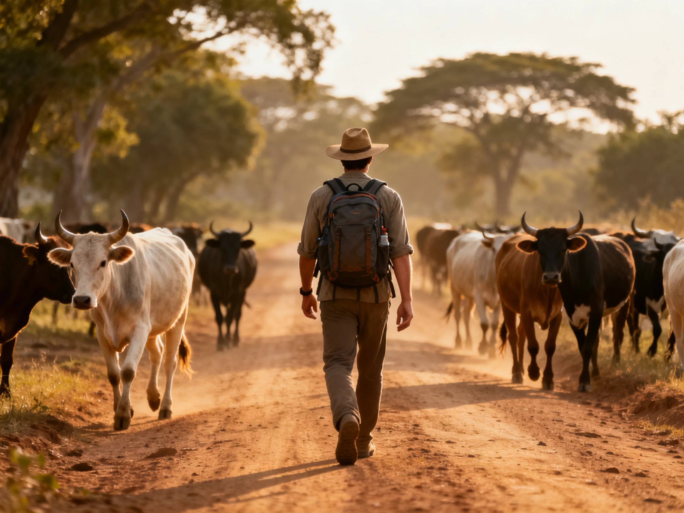 A man walks down a dusty road with a colorful cattle herd