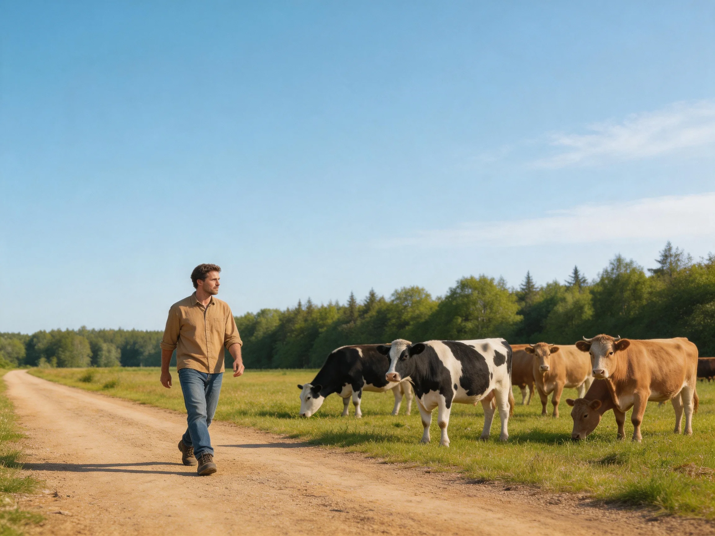 A man walks near cows on a dirt road in a sunny field
