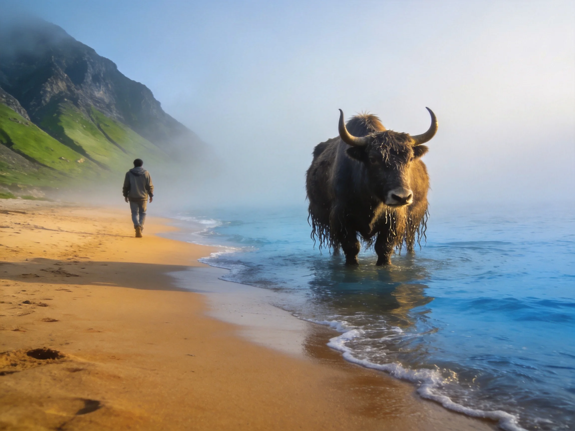 A man walks on a golden sand beach beside a wet brown bovine with misty mountains