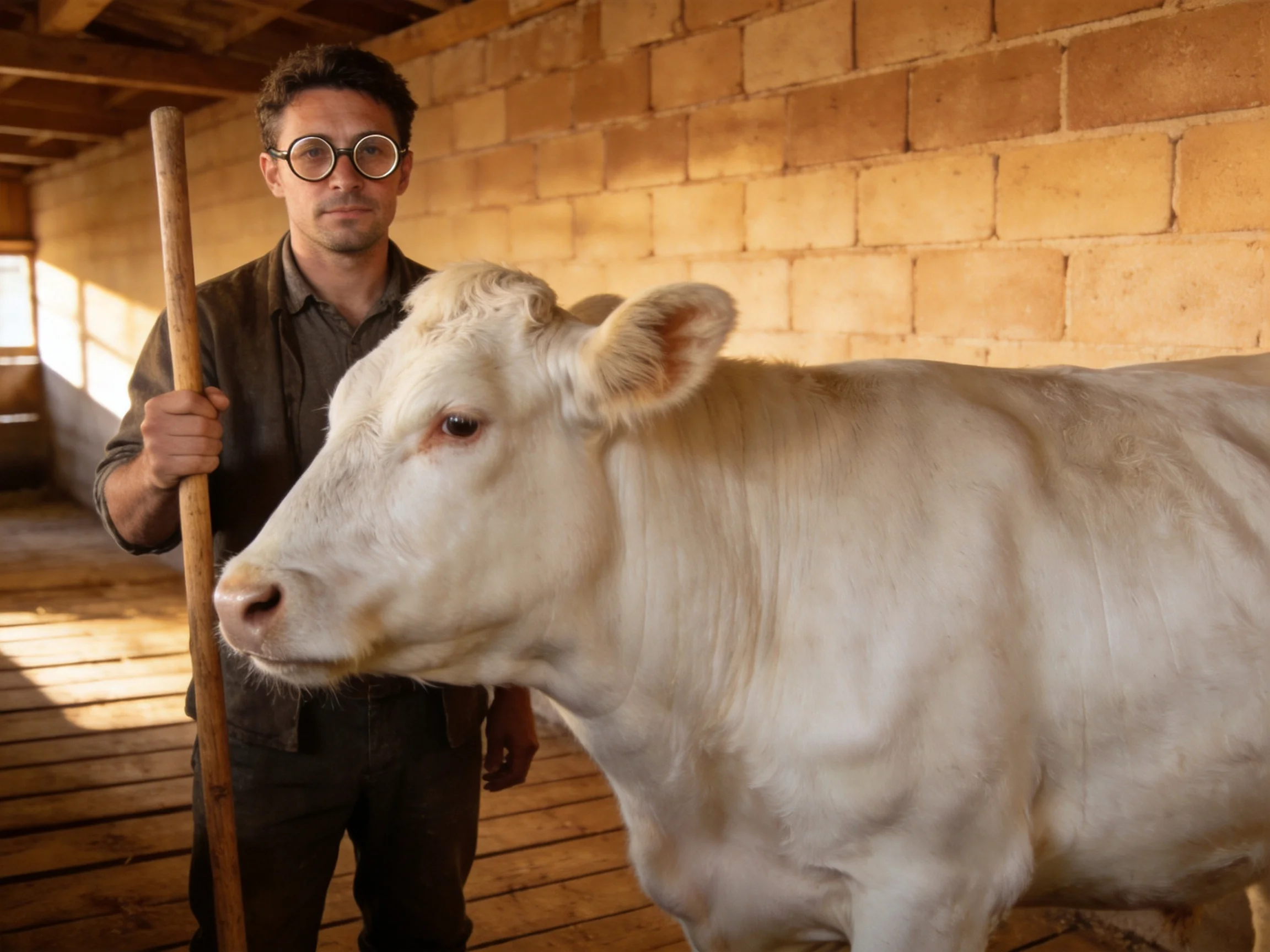 A man with a wooden staff beside a large white cow in a brick barn