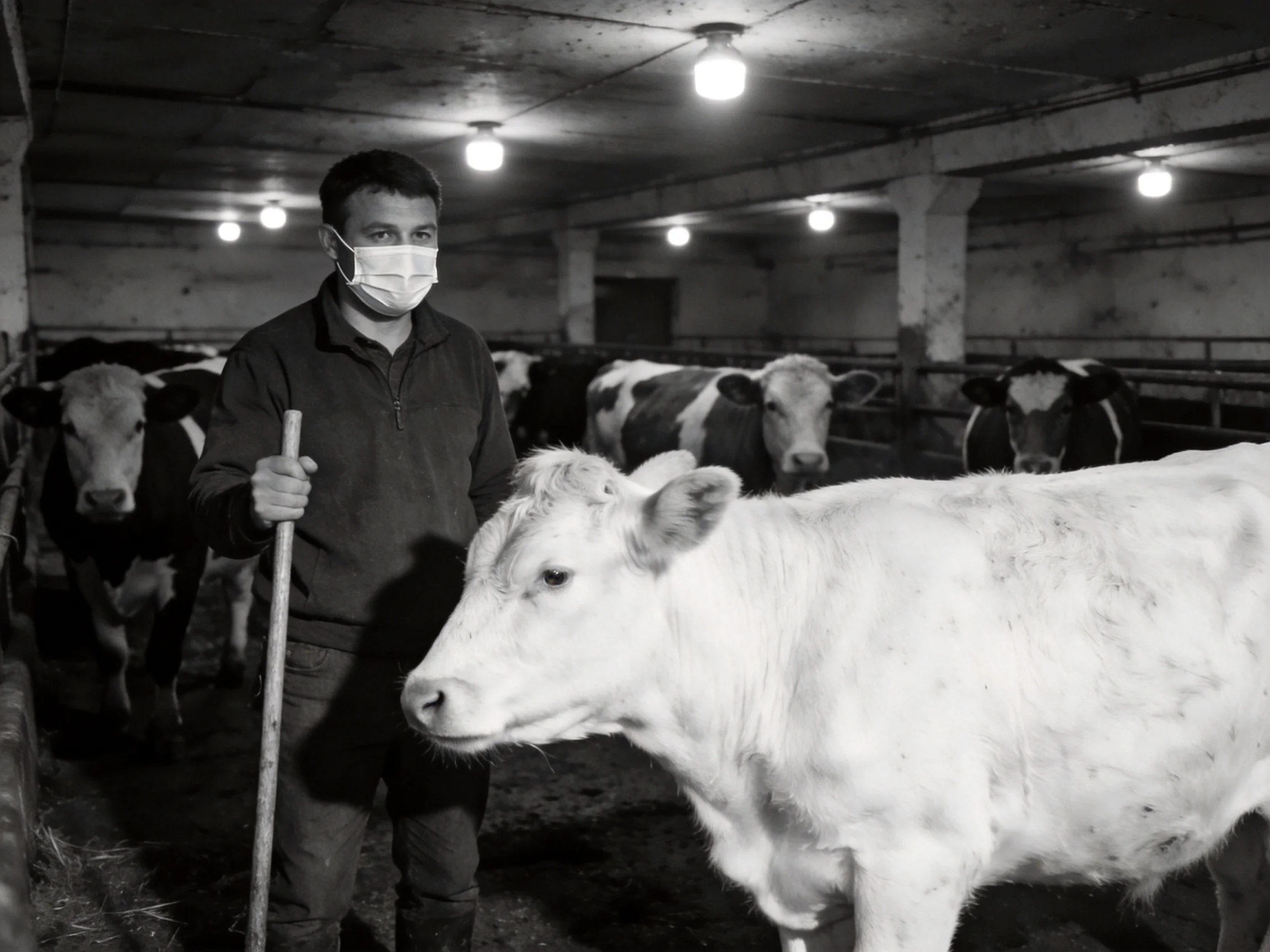 A masked man tends cattle in a dimly lit barn interior