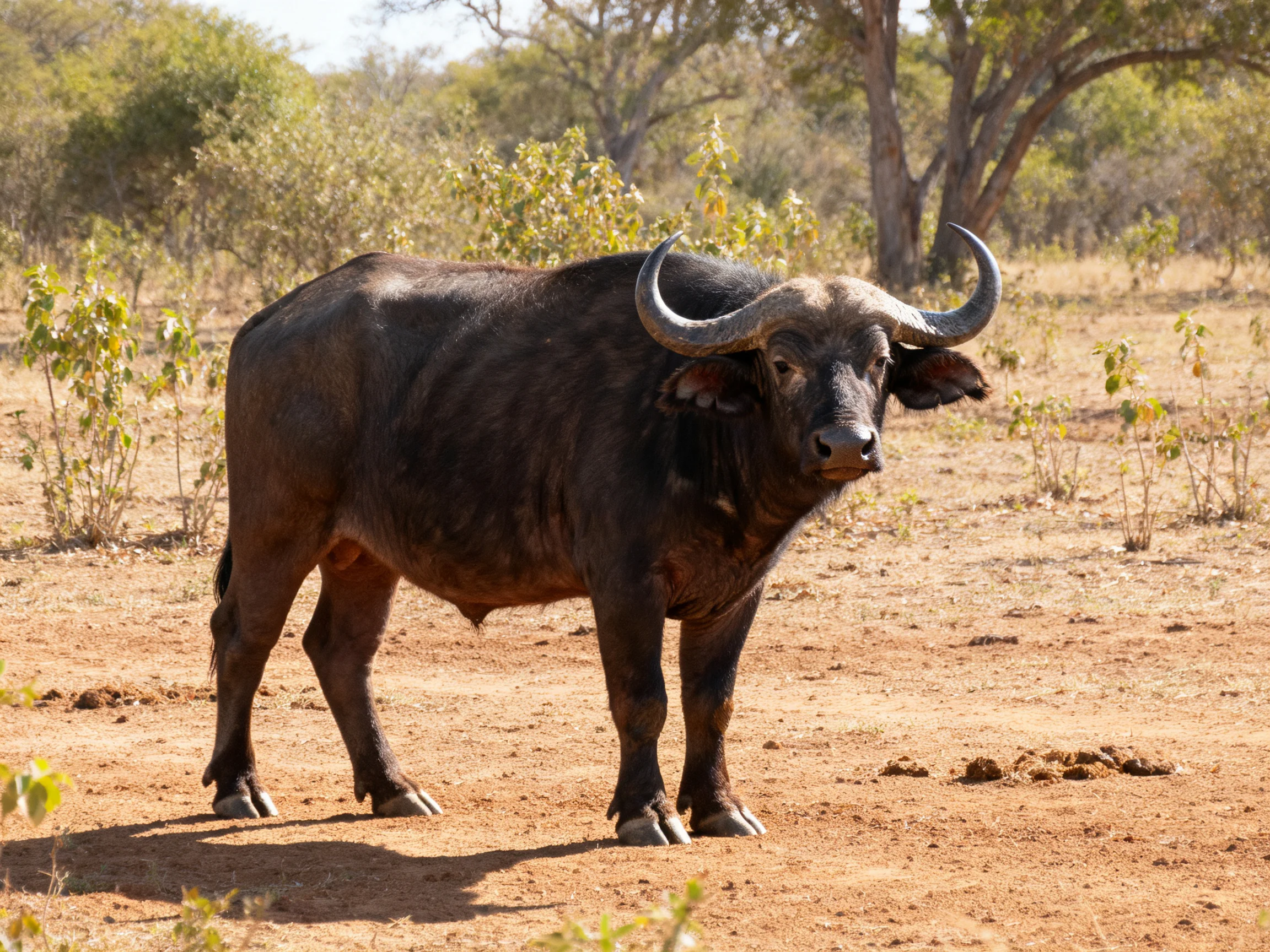 A massive black buffalo with curved horns on dry earth