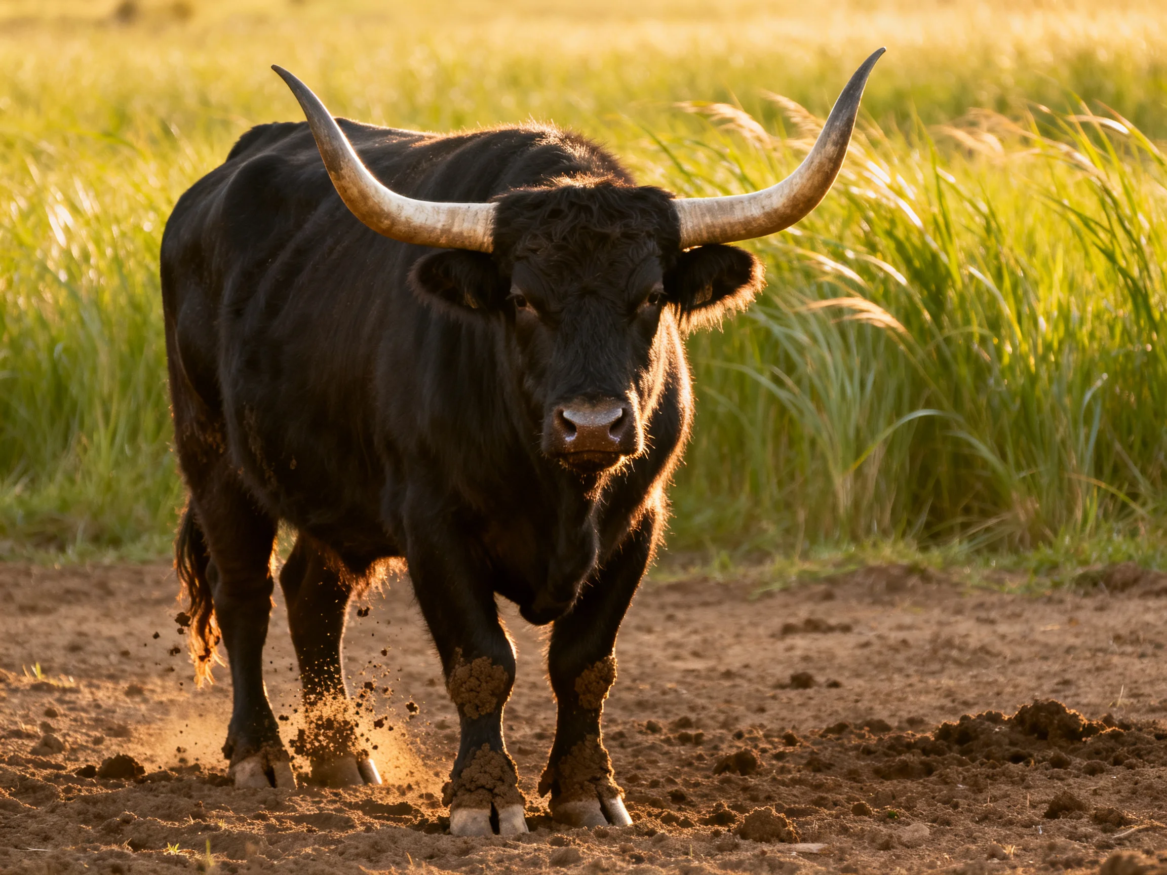A massive black horned bull stands in muddy terrain near tall green grass